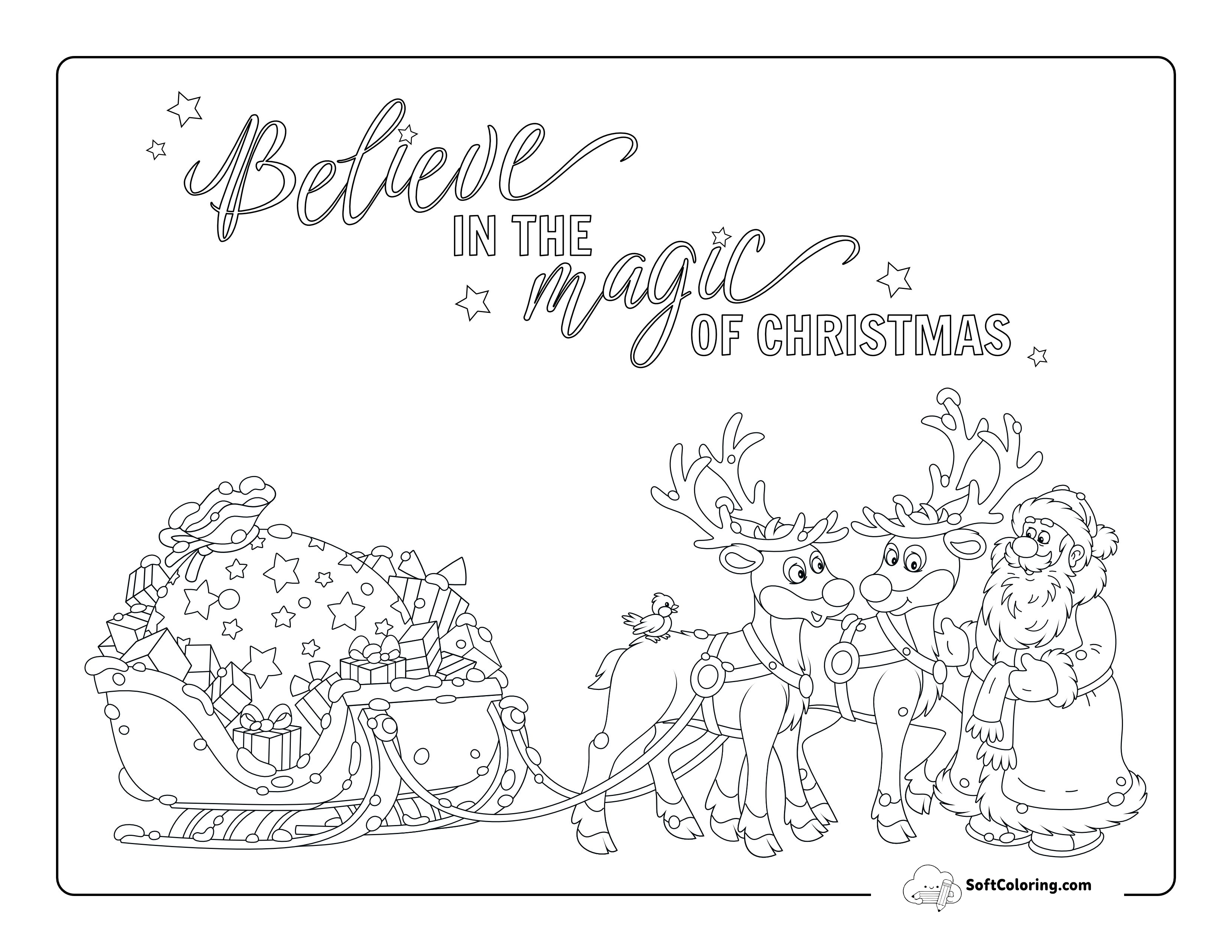 Santa Claus With Sleigh Pulled By Reindeer Coloring Sheet