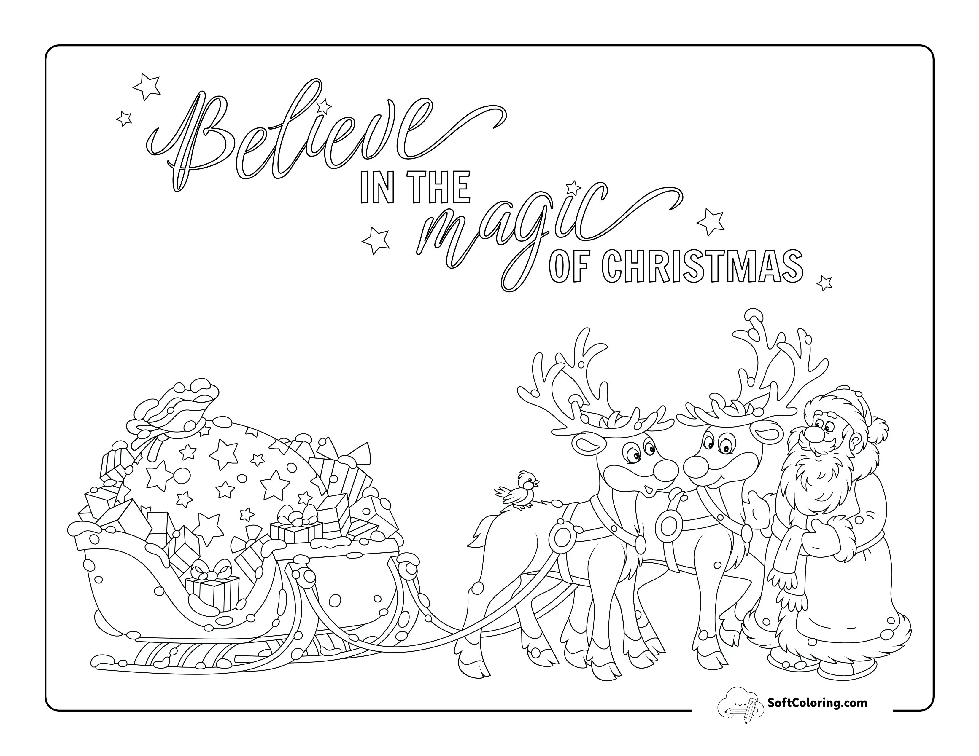 Santa Claus With Sleigh Pulled By Reindeer Coloring Sheet