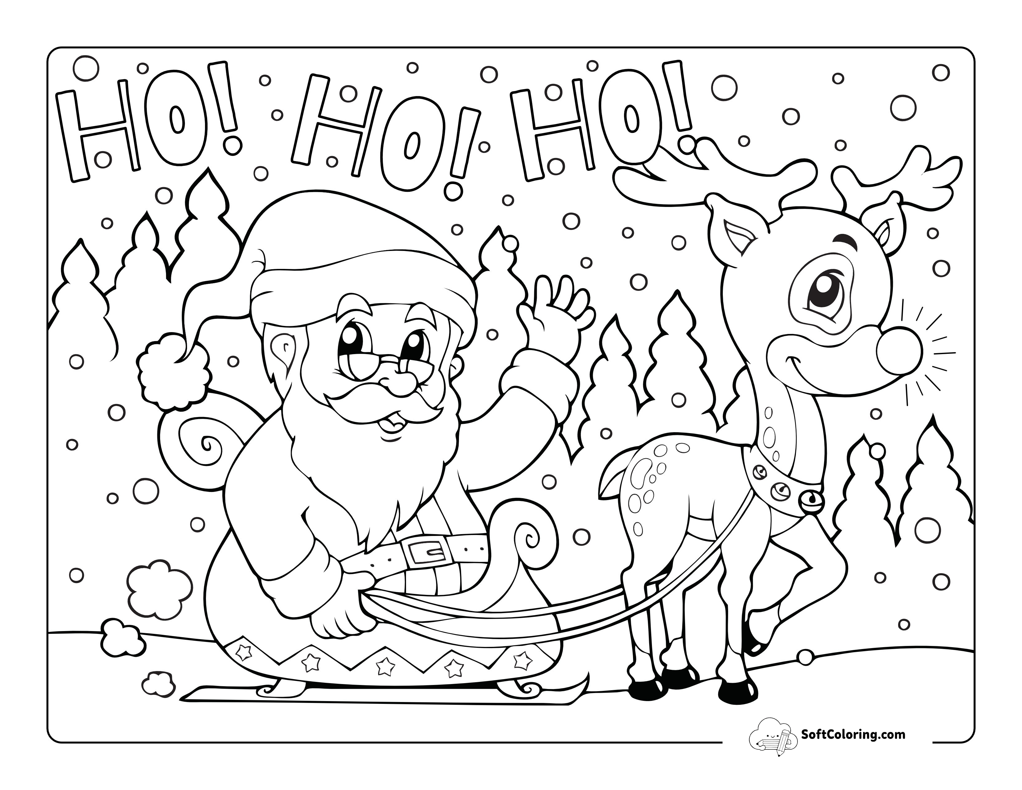 Cute Santa With Reindeer Coloring Sheet