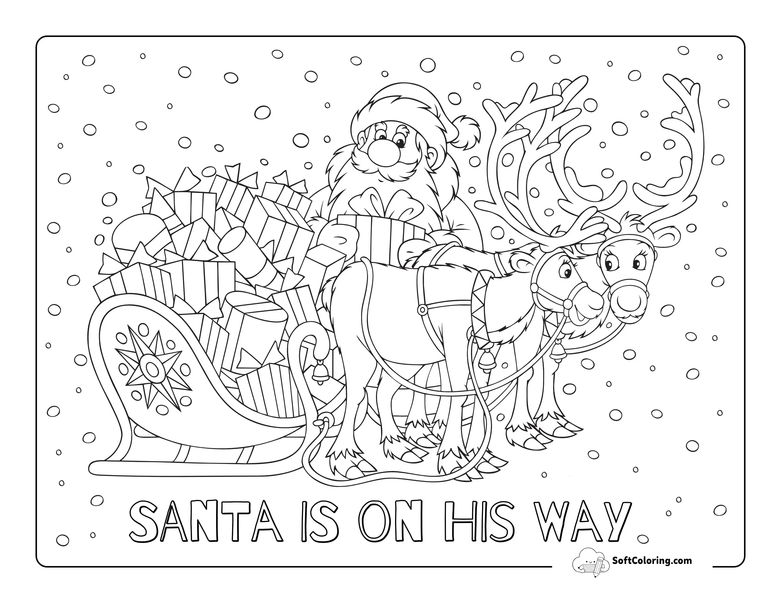 Santa Claus With Reindeer & Sleigh Coloring Sheet