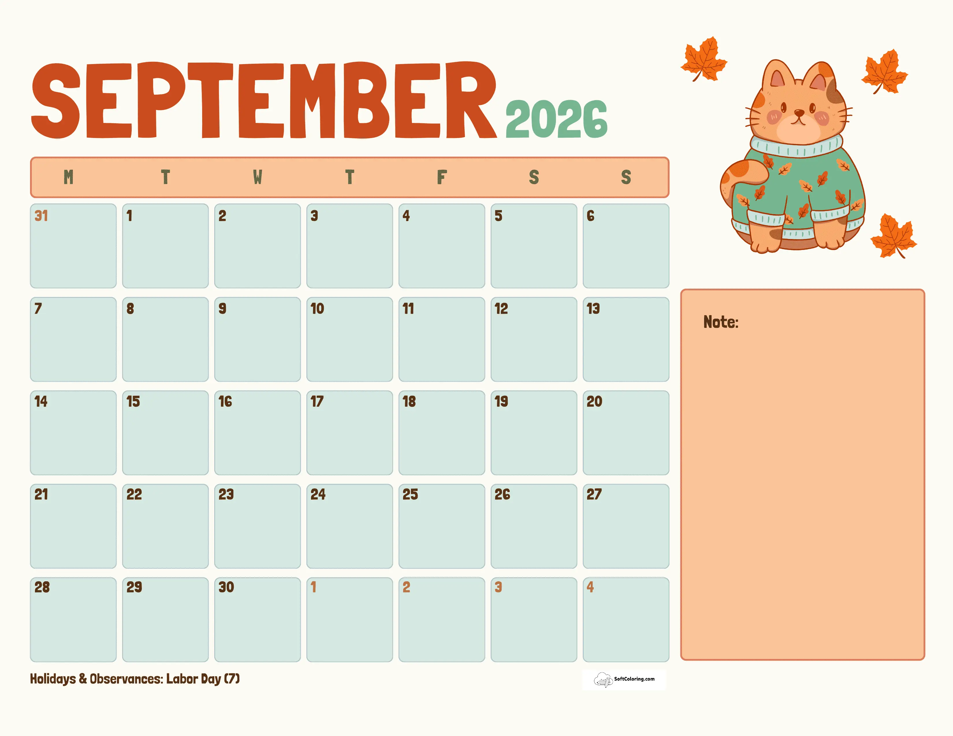Cat - September Monday Calendar