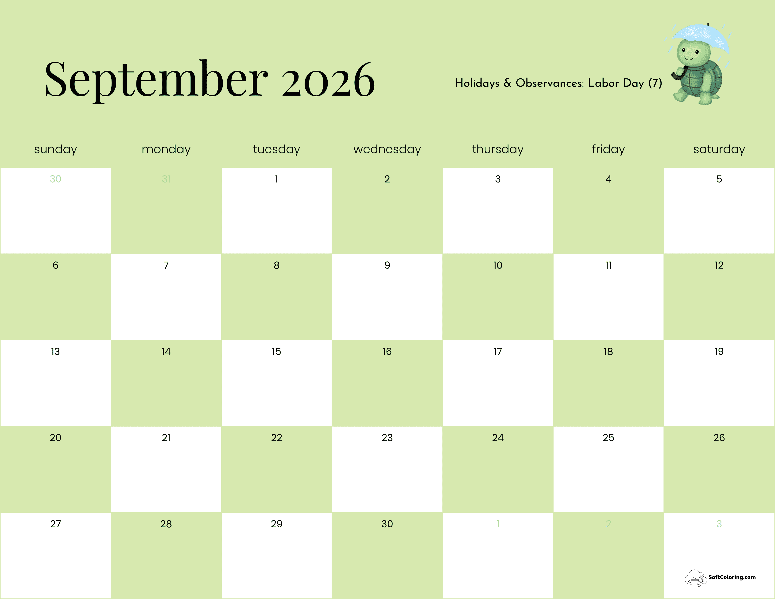 Checkerboard Turtle Cute September 2026 Calendar