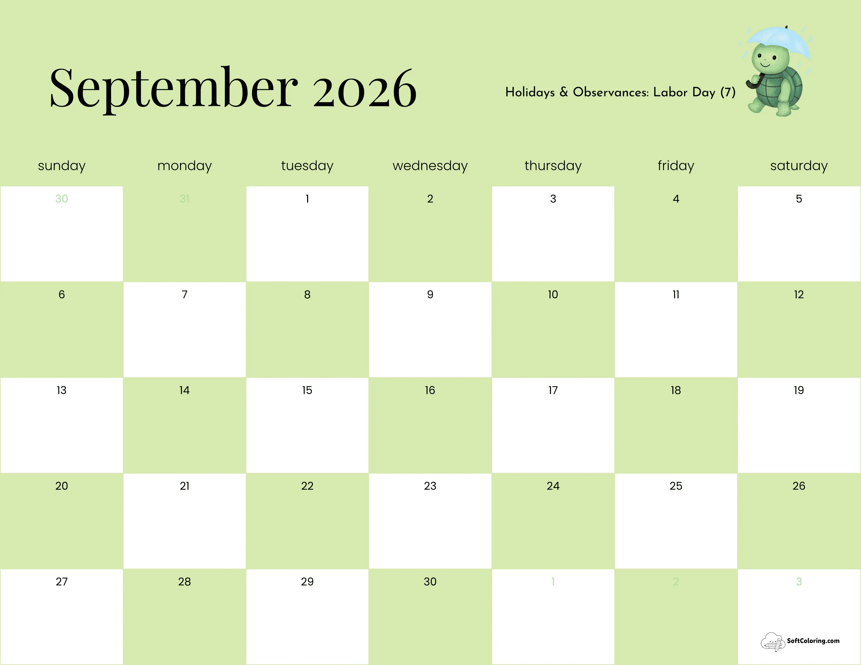 Checkerboard Turtle Cute September 2026 Calendar