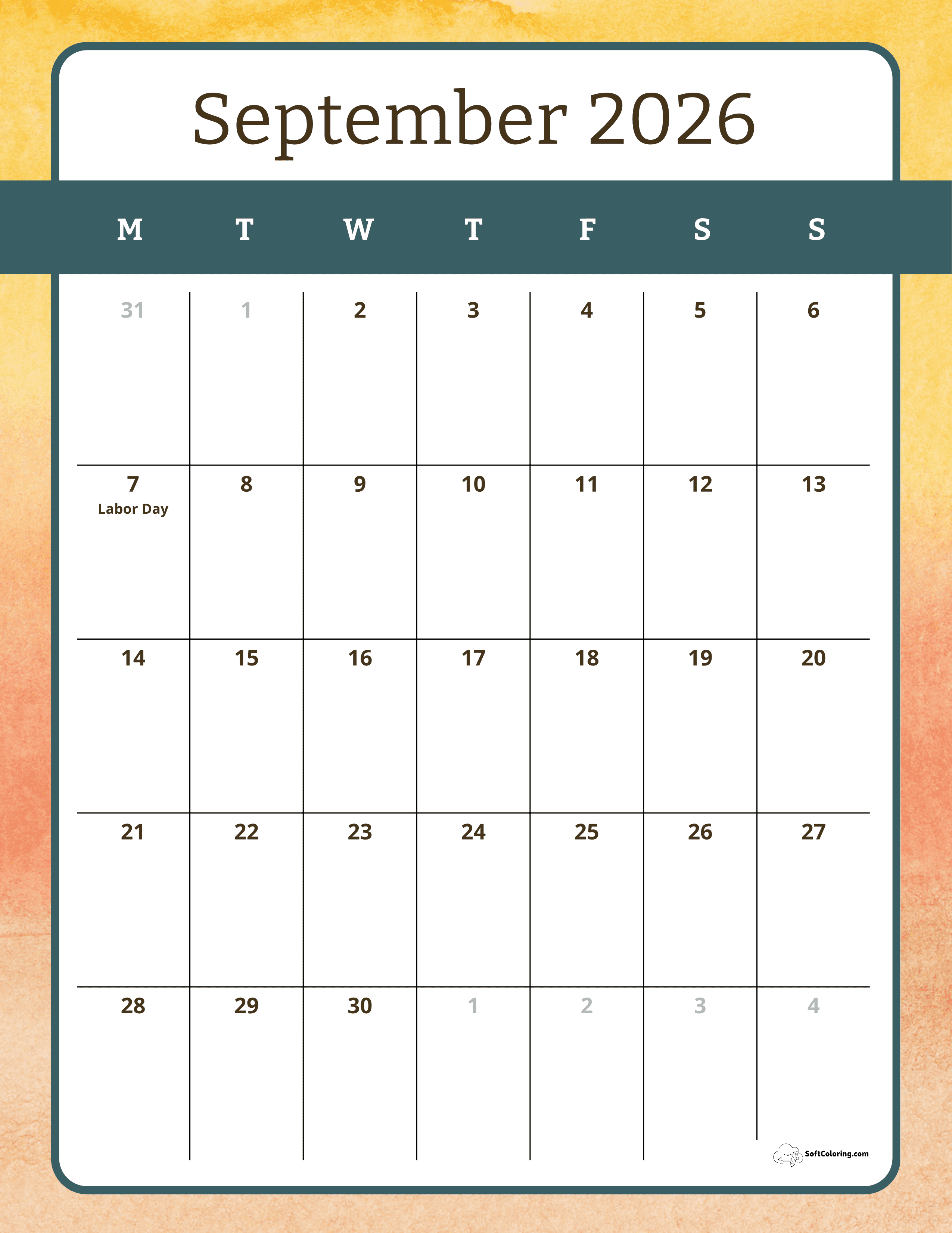 Fall Colors - September Monday Calendar