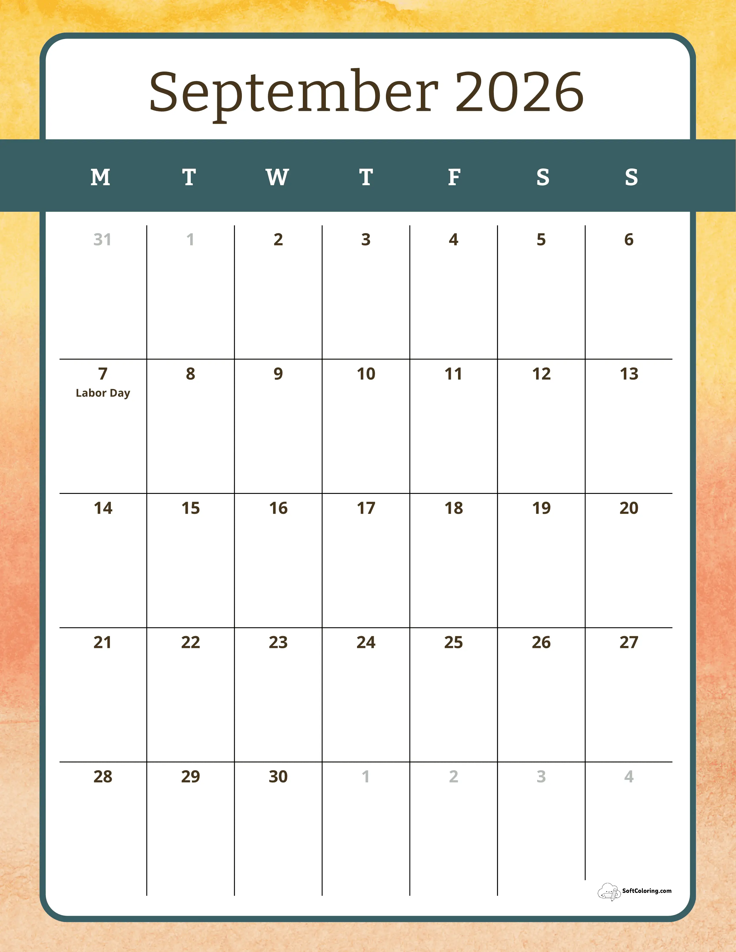 Fall Colors - September Monday Calendar