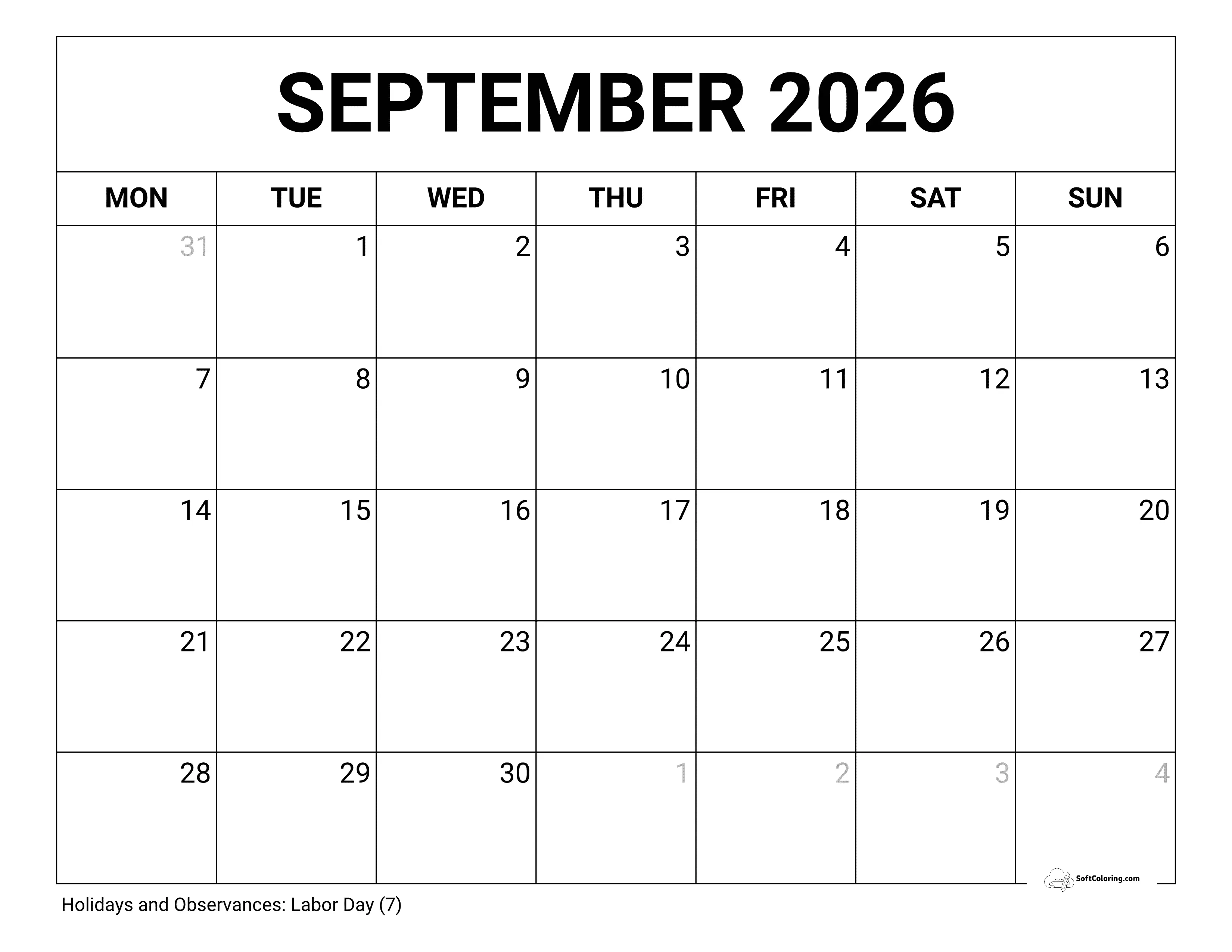 Blank - September Monday Calendar