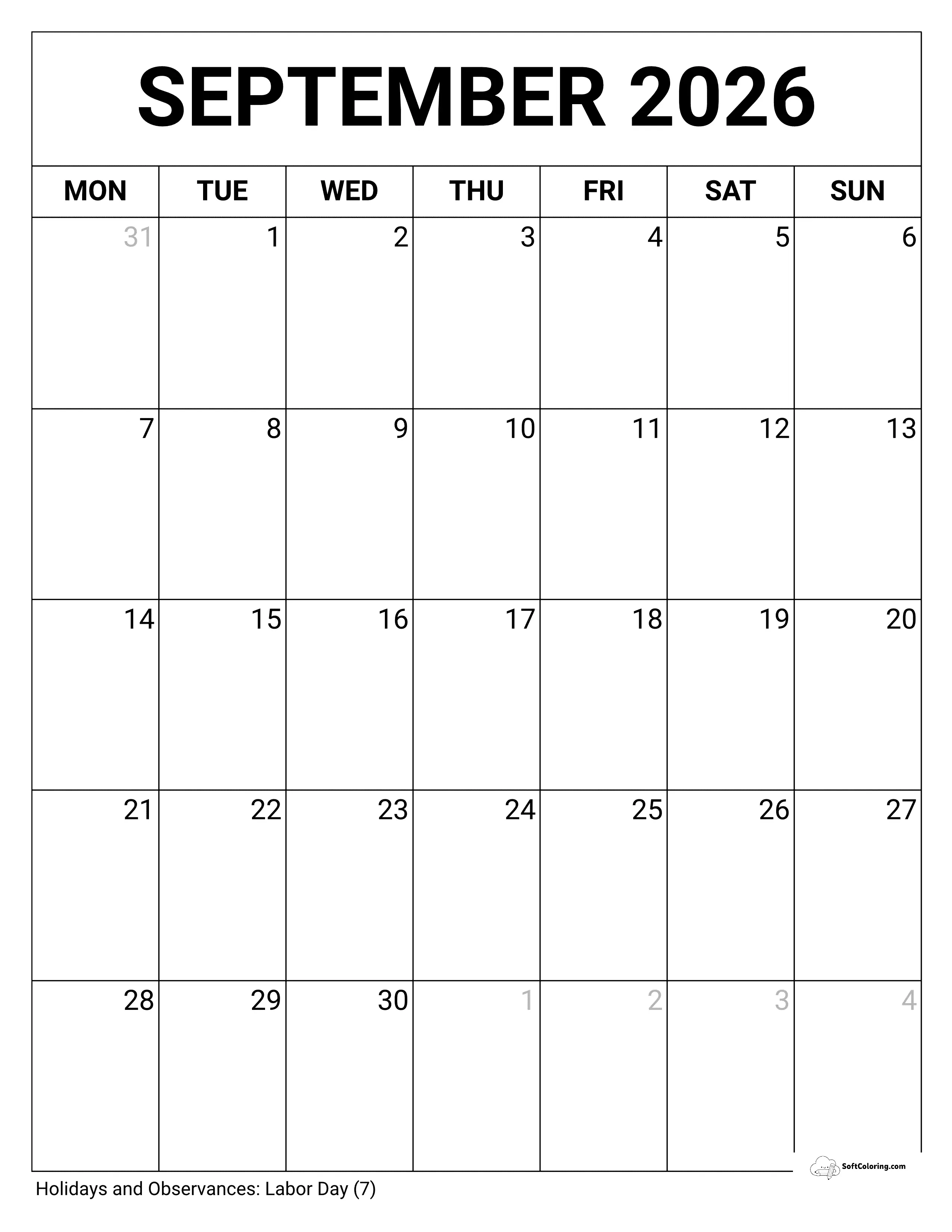 Potrait Blank - Sept Monday Calendar
