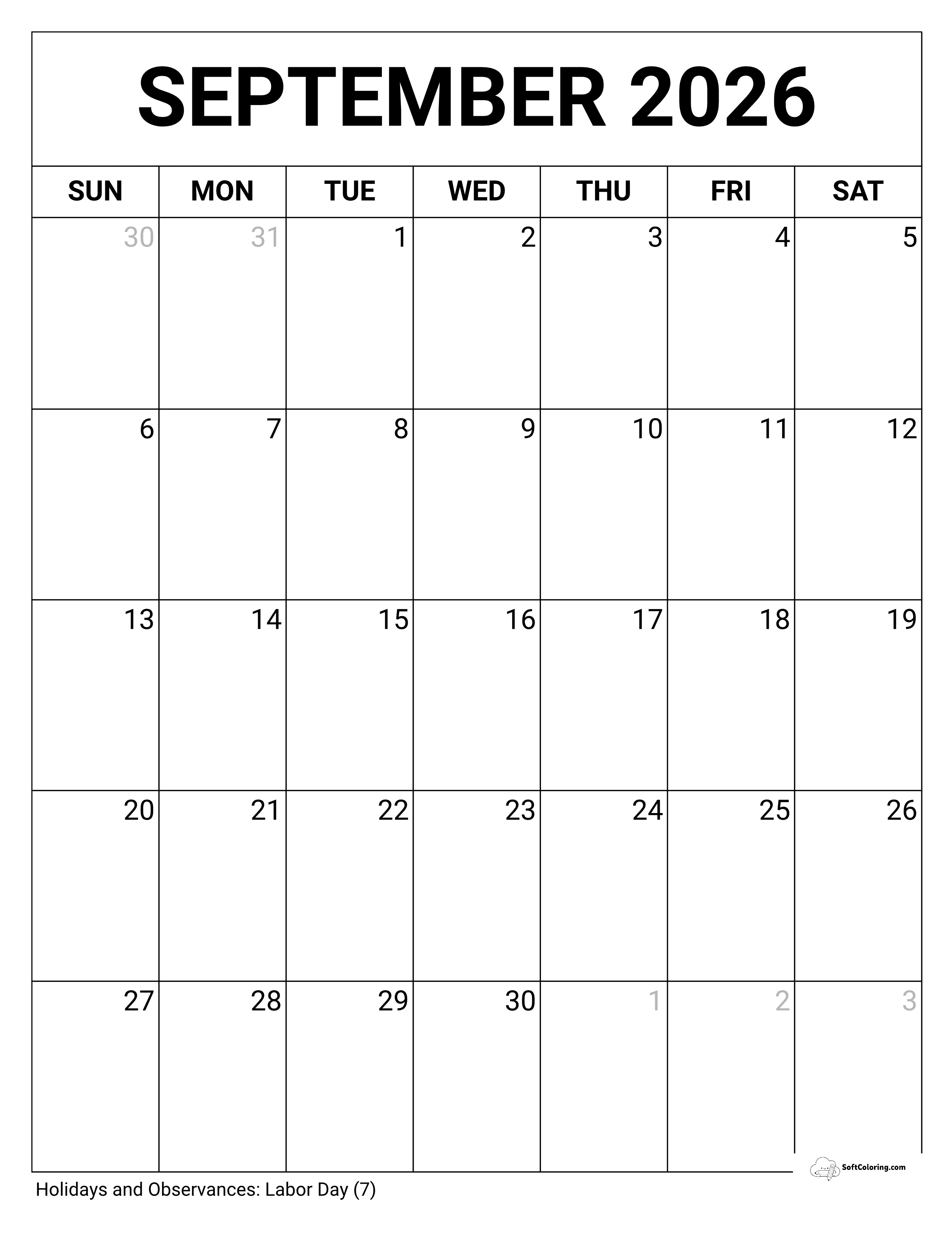 Blank Portrait September 2026 Printable Calendar