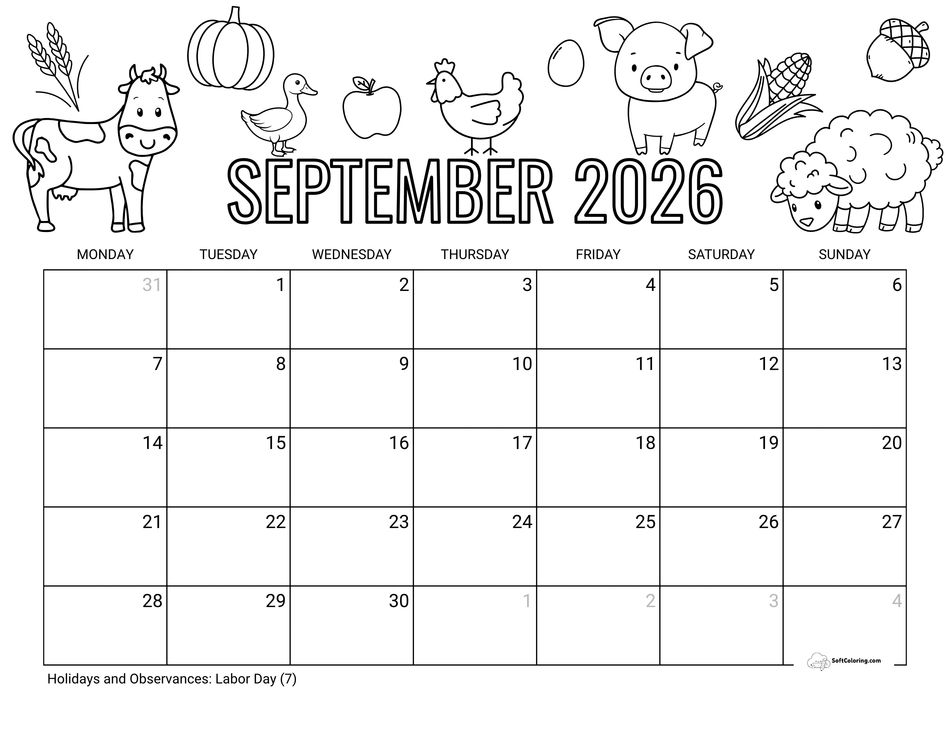 Coloring - September Monday Calendar