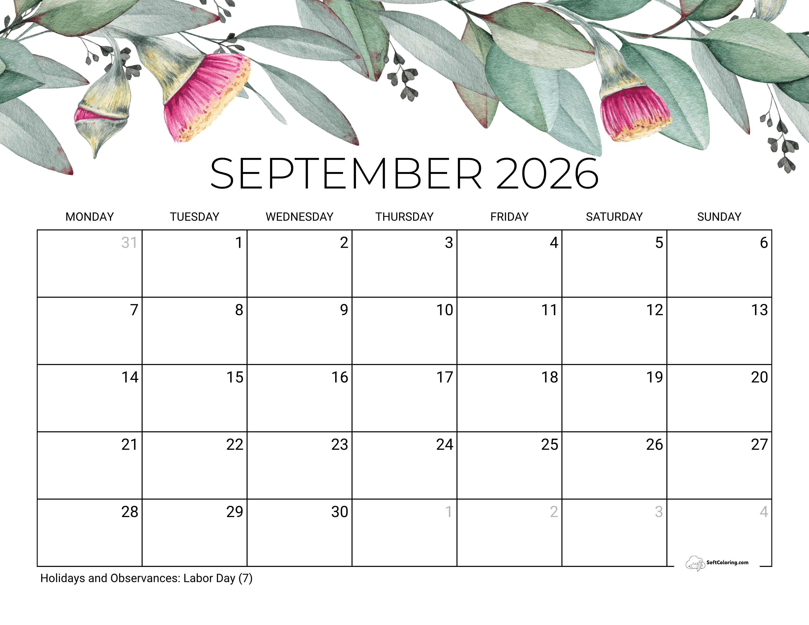 Eucalyptus - September Monday Calendar