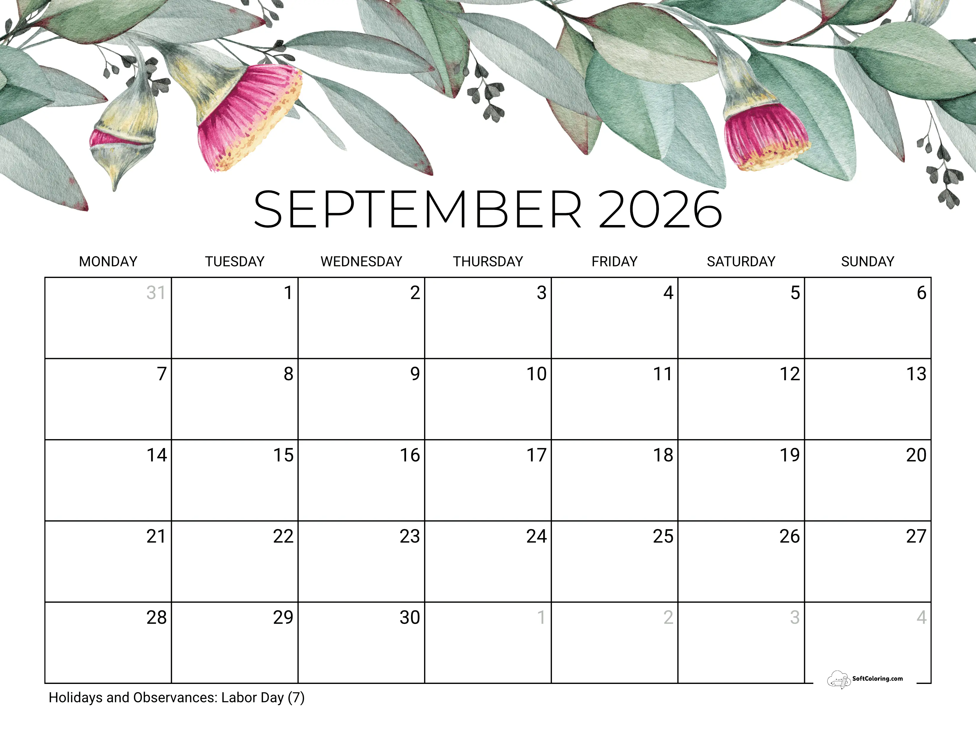 Eucalyptus - September Monday Calendar