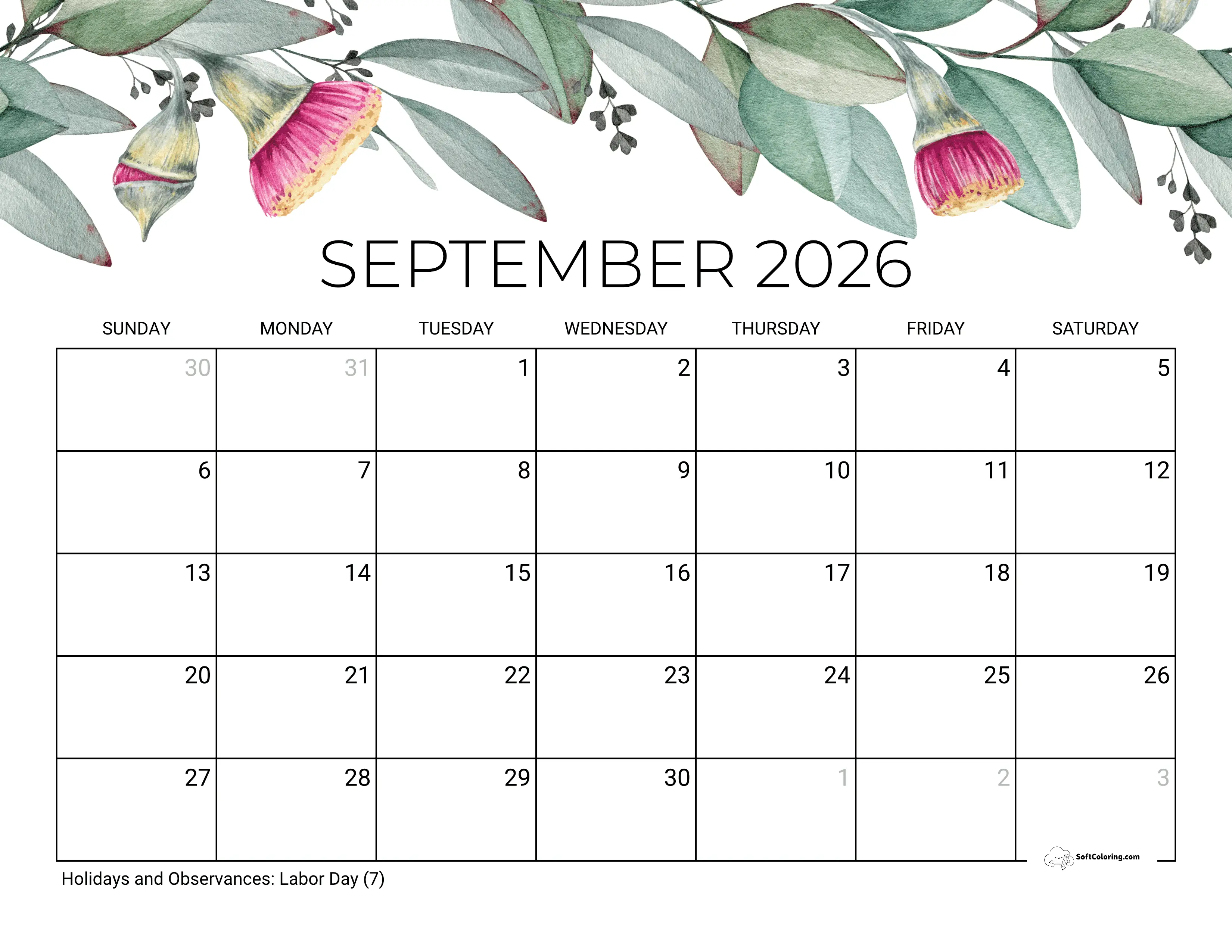 Soothing Eucalyptus September Calendar 2026 Template