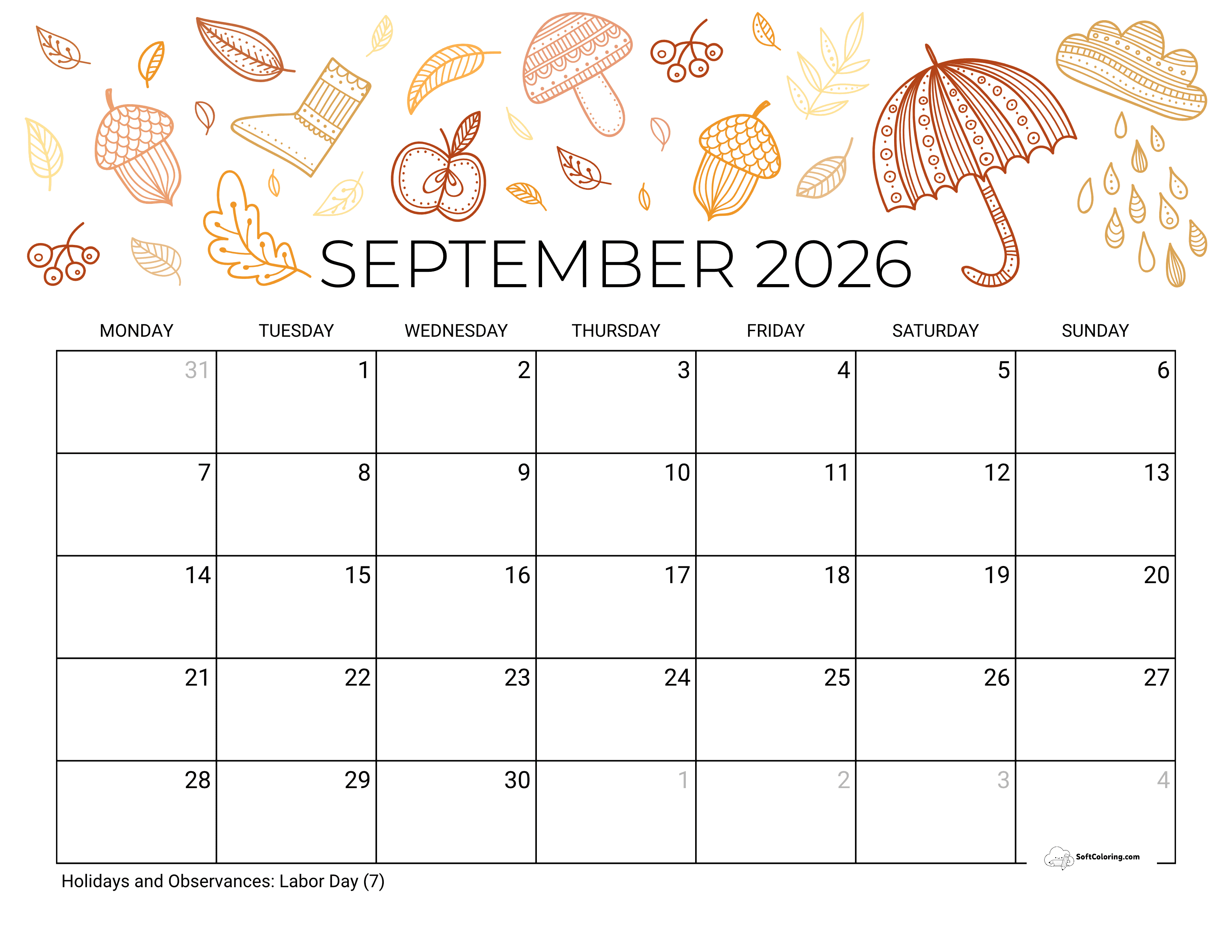 Fall - September Monday Calendar