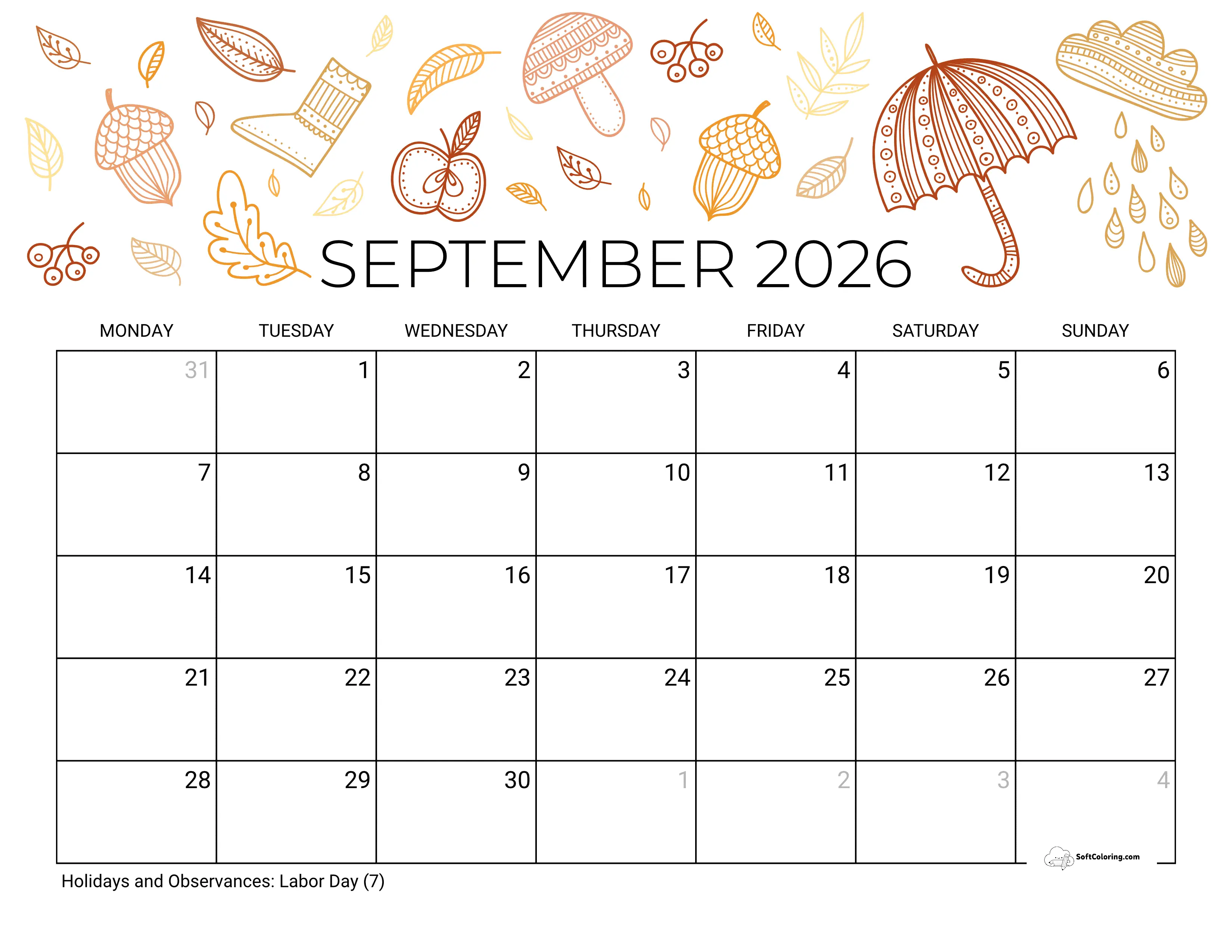 Fall - September Monday Calendar