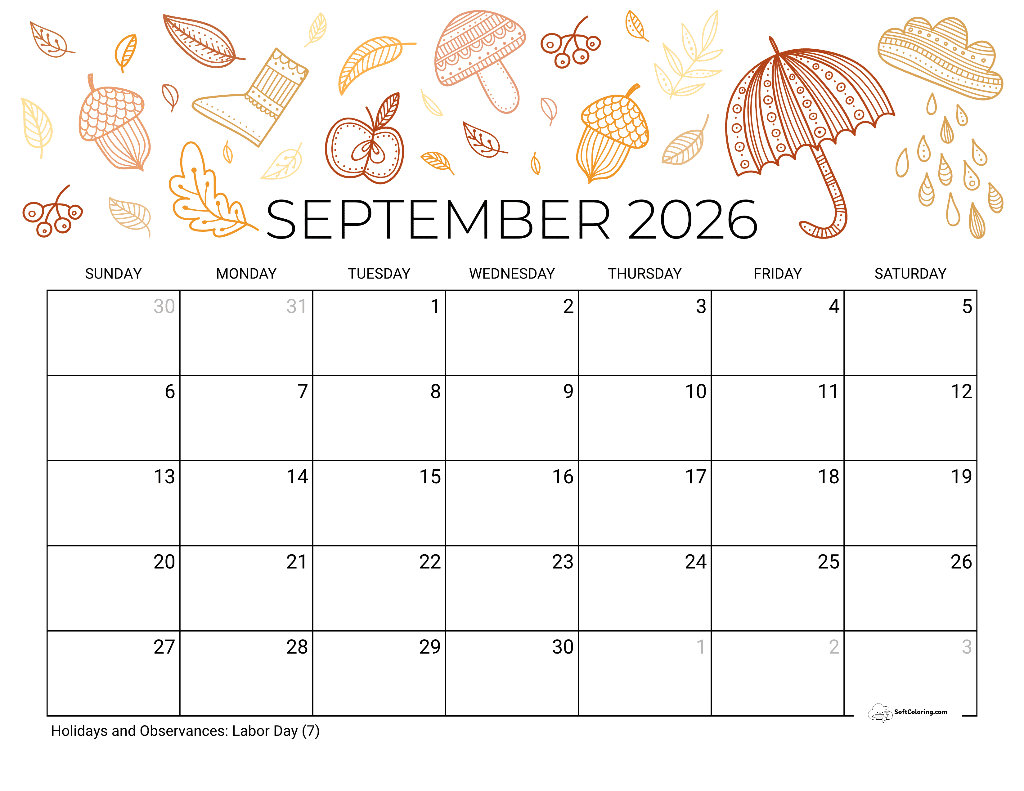 Fall Themes September Calendar Template 2026
