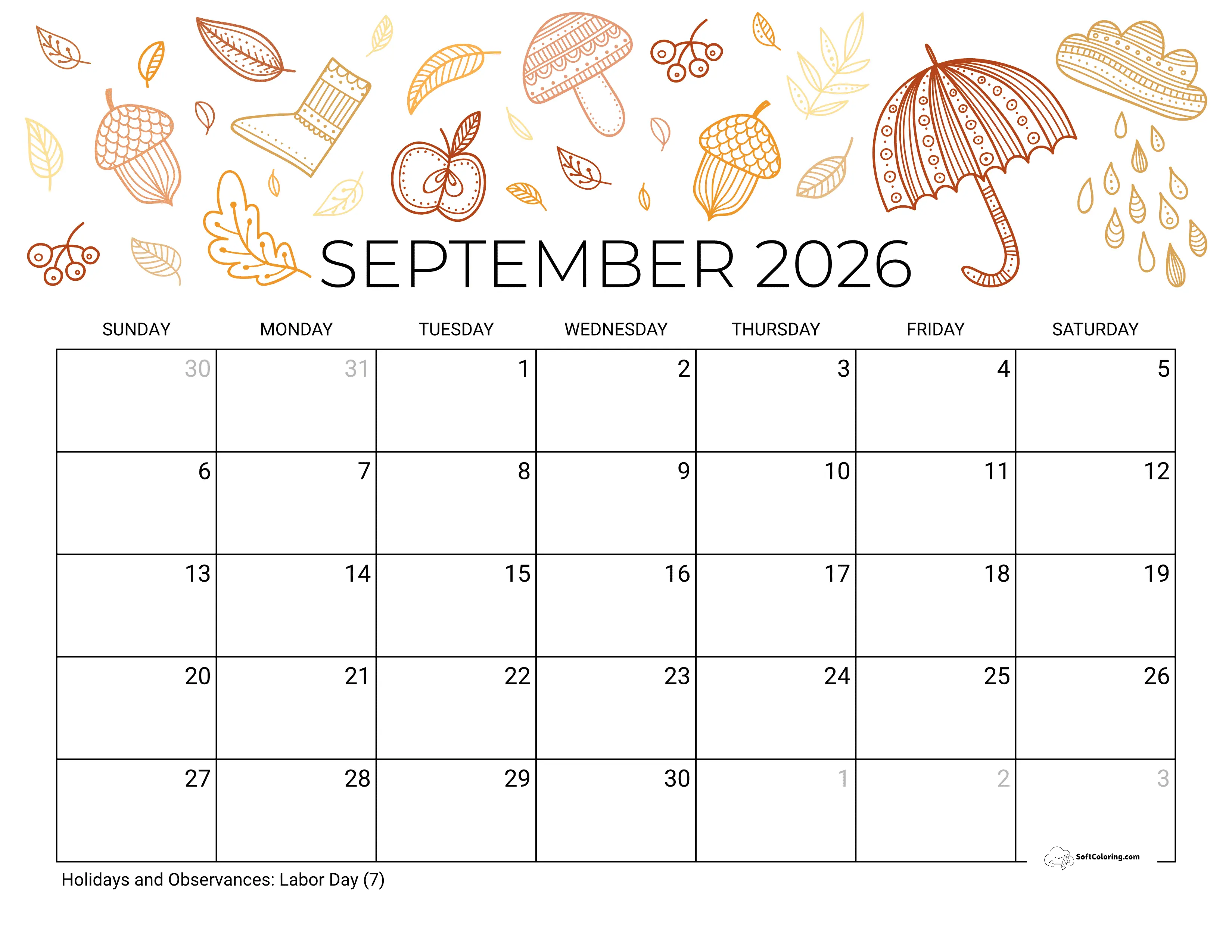 Fall Themes September Calendar Template 2026