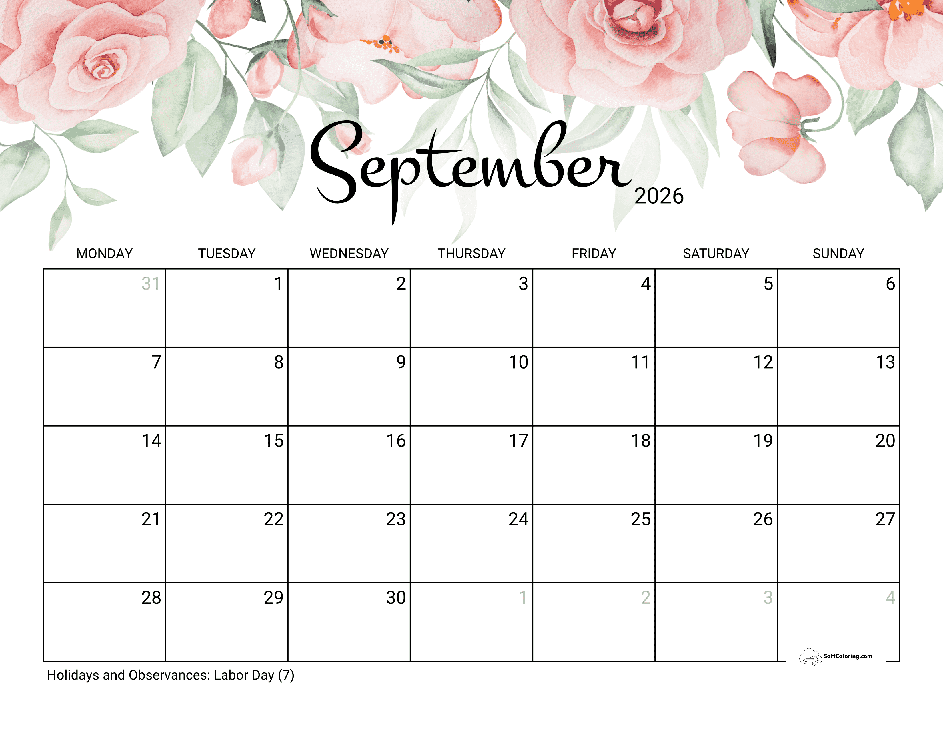Roses - September Monday Calendar