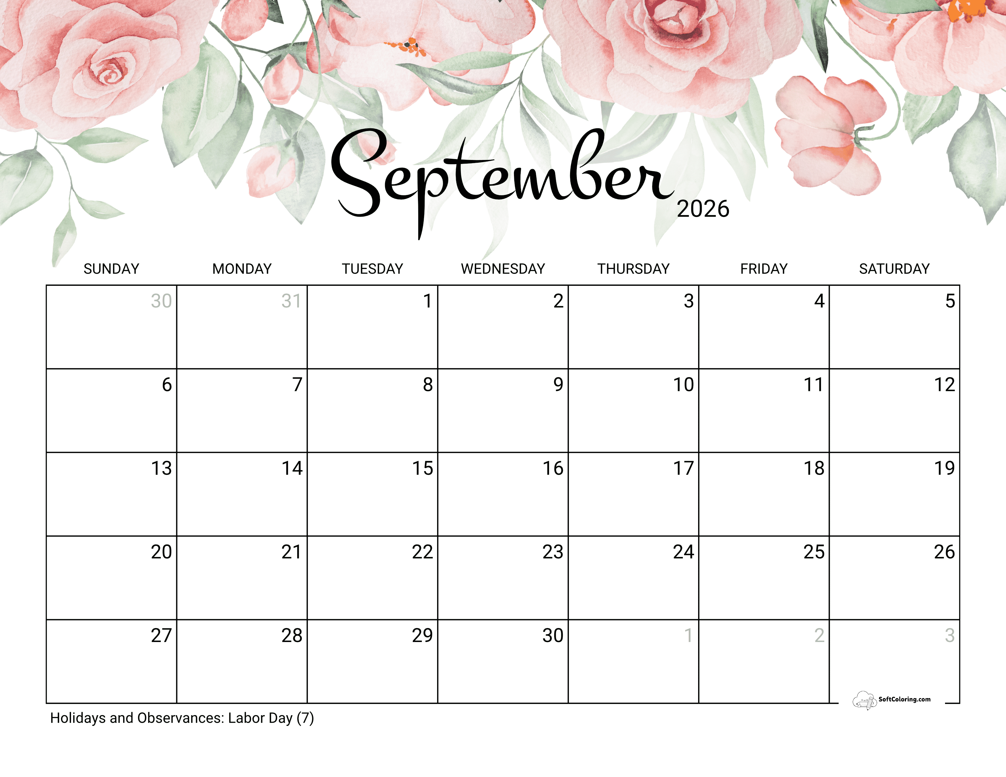 Watercolor Roses September 2026 Printable Calendar