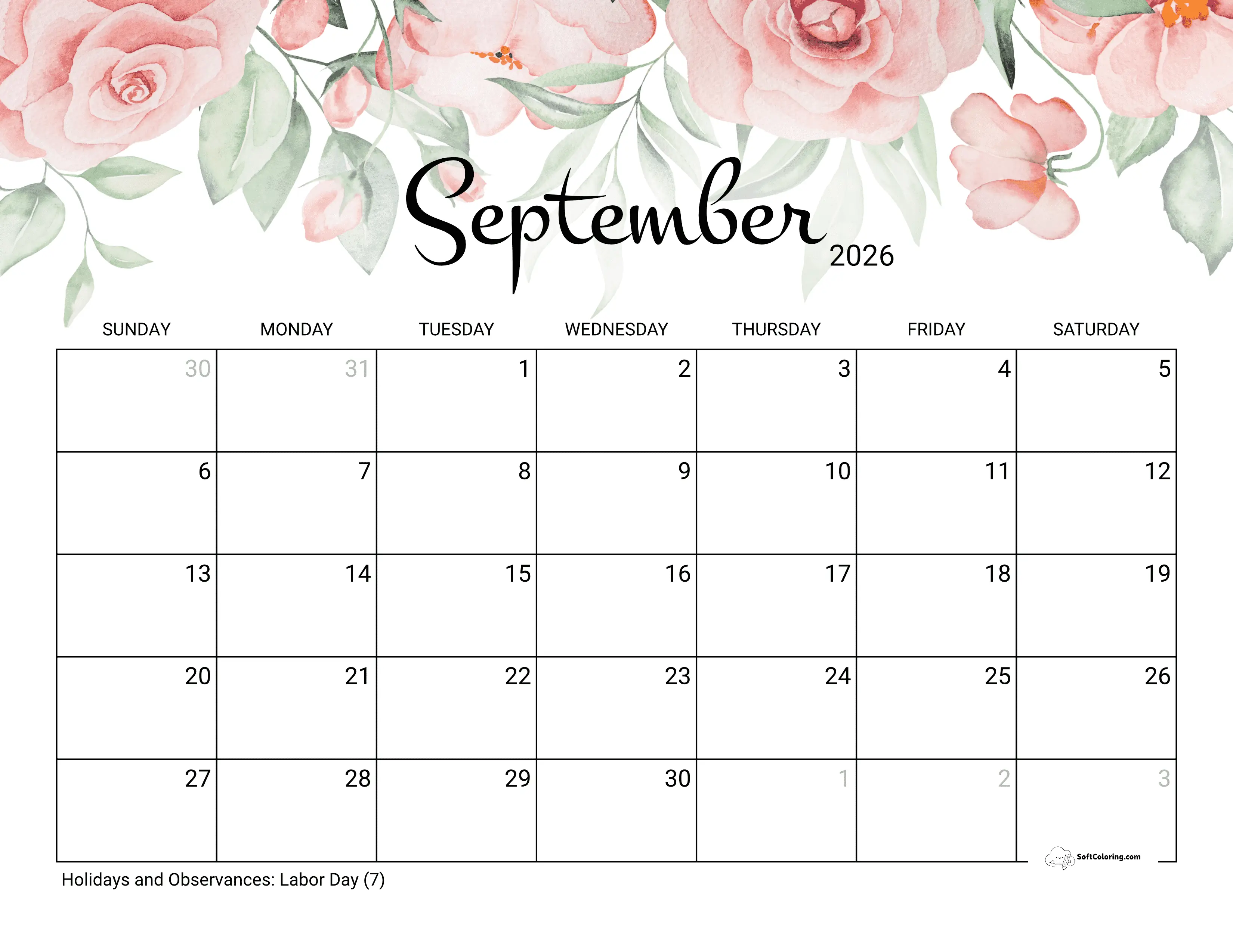 Watercolor Roses September 2026 Printable Calendar