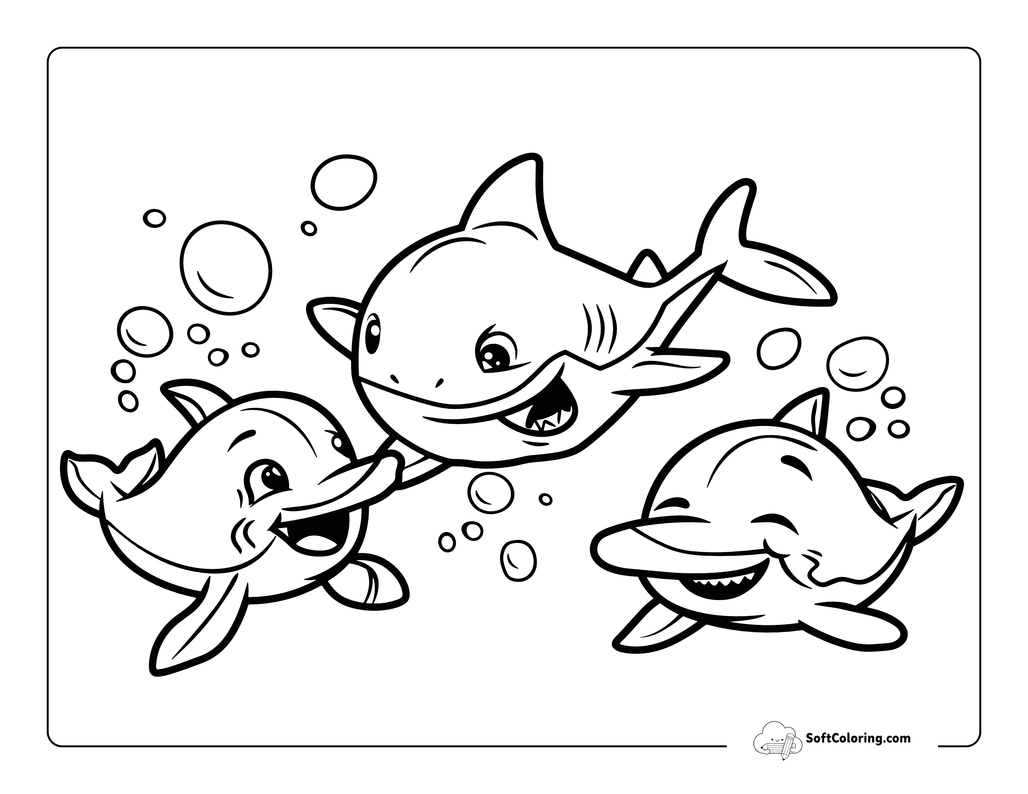 Cute Shark With Dolphins Coloring Page For Kids