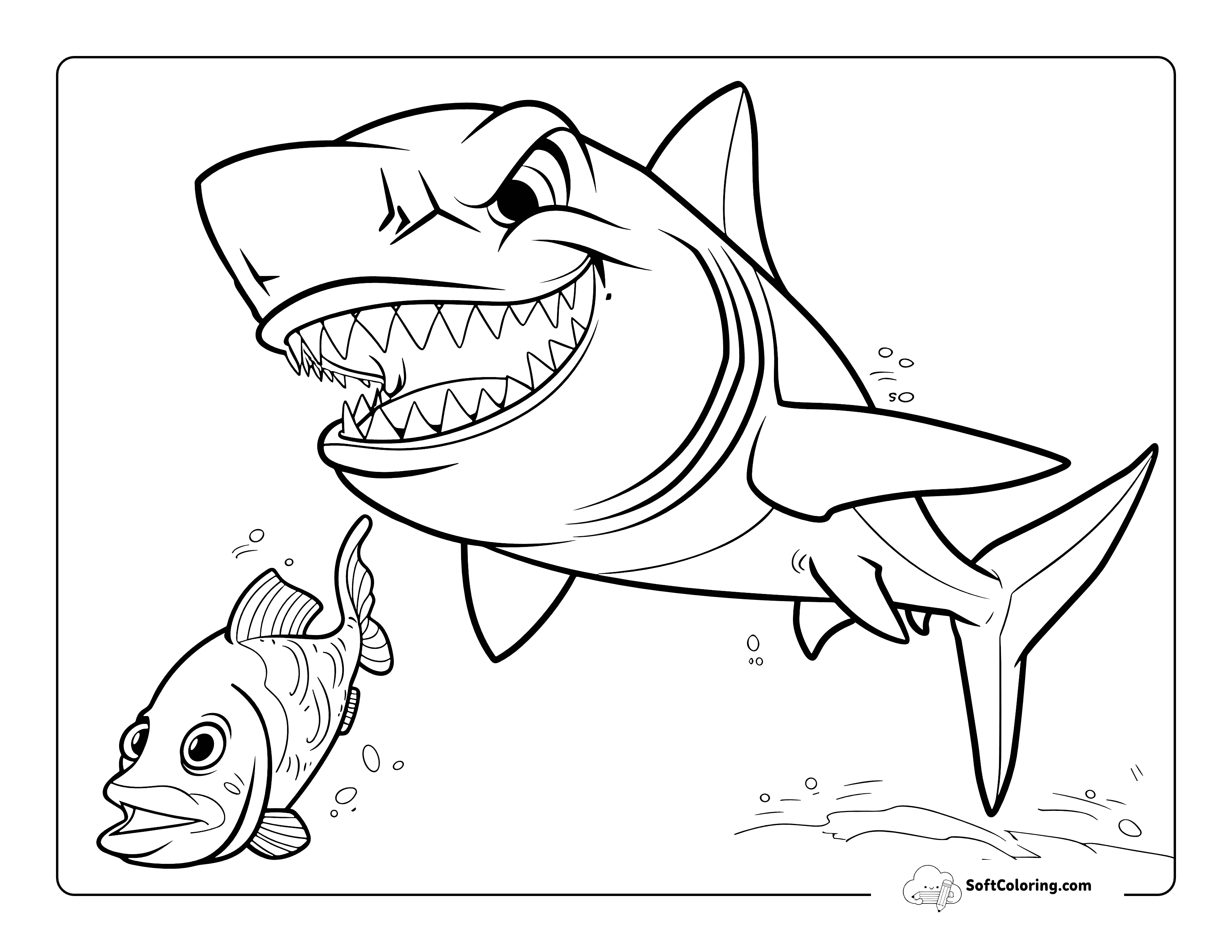 Cartoon Predatory Bull Shark Chase Coloring Page
