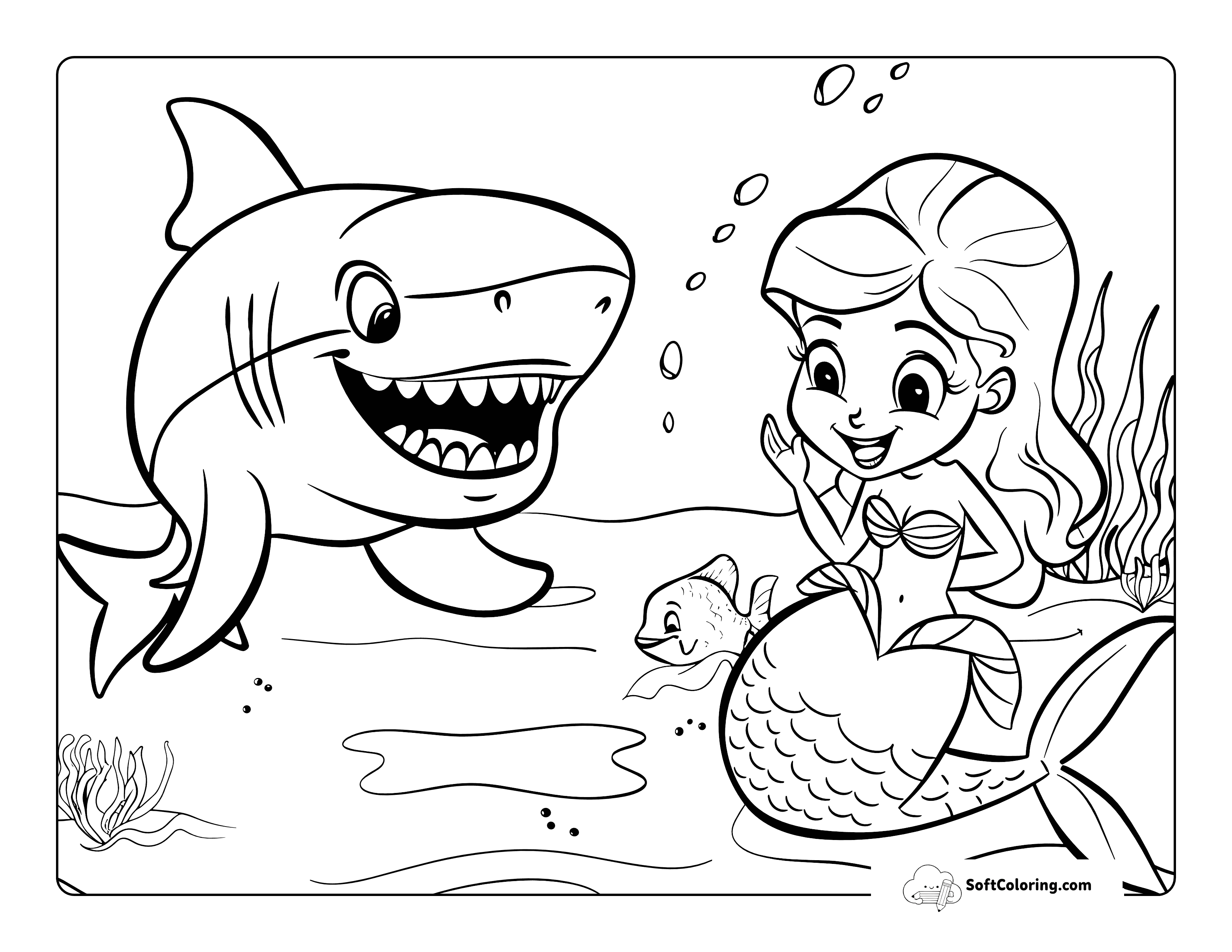 Cute Mermaid And Shark Friendship Coloring Sheet