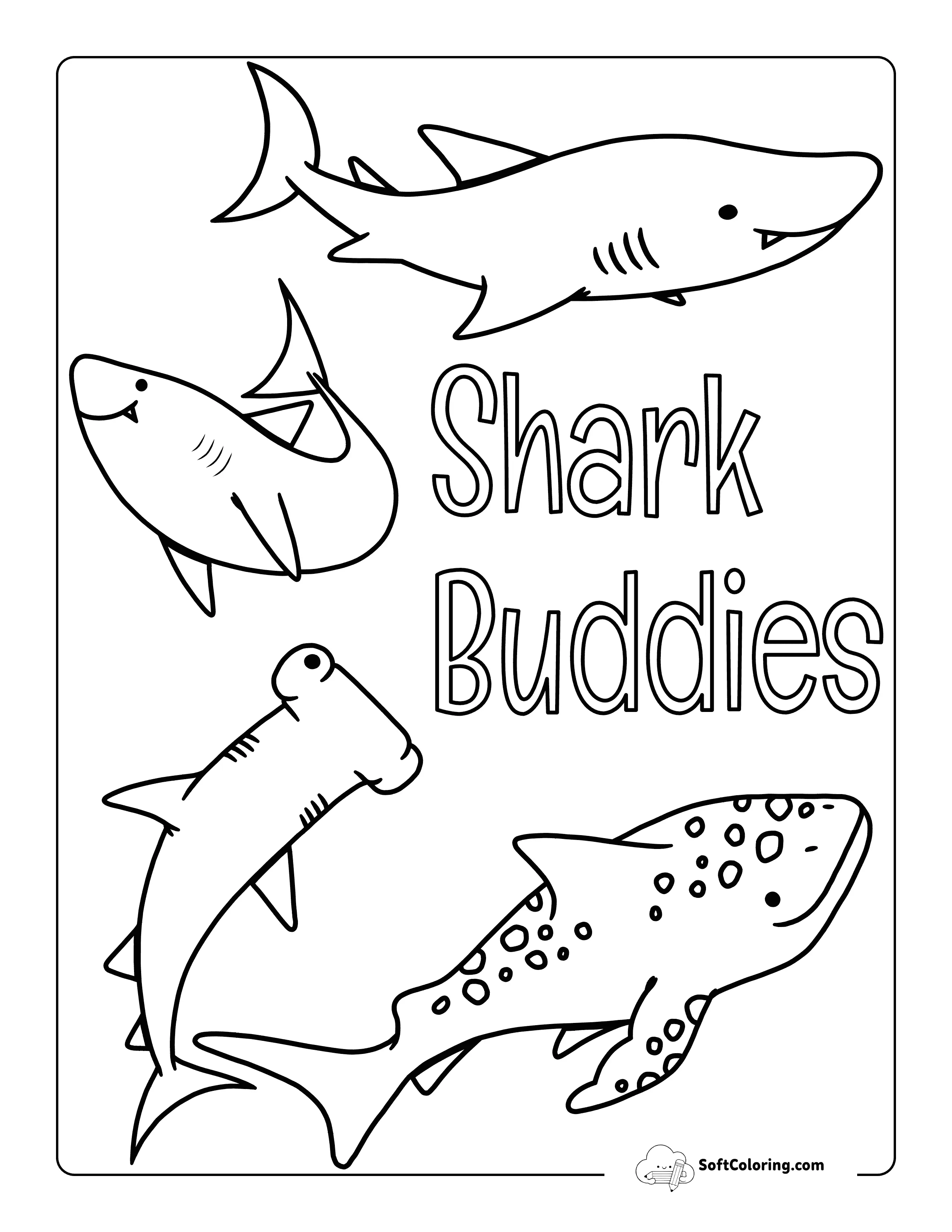 Easy "Shark Buddies" Coloring Page For Preschoolers
