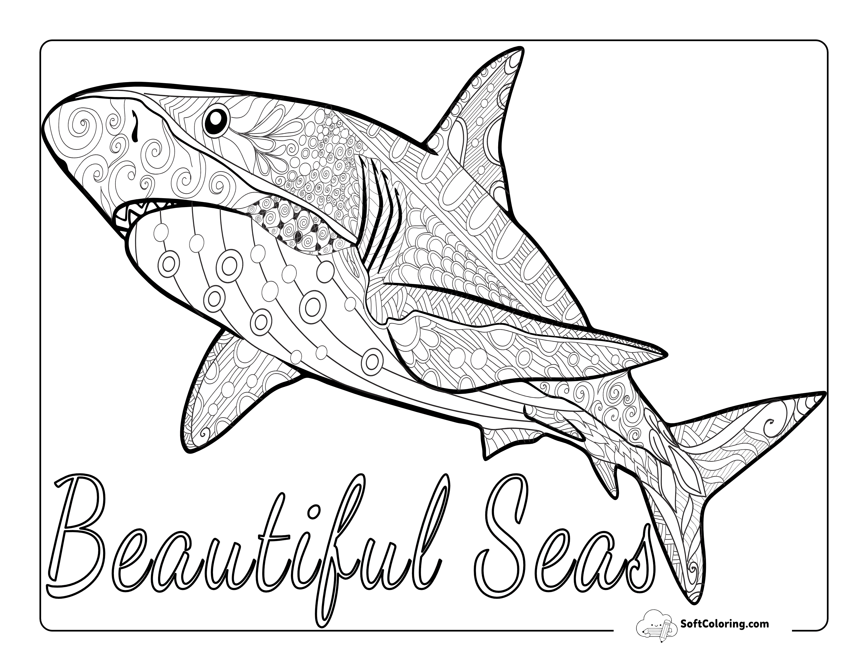 "Beautiful Seas Mandala Shark Coloring Page For Adults