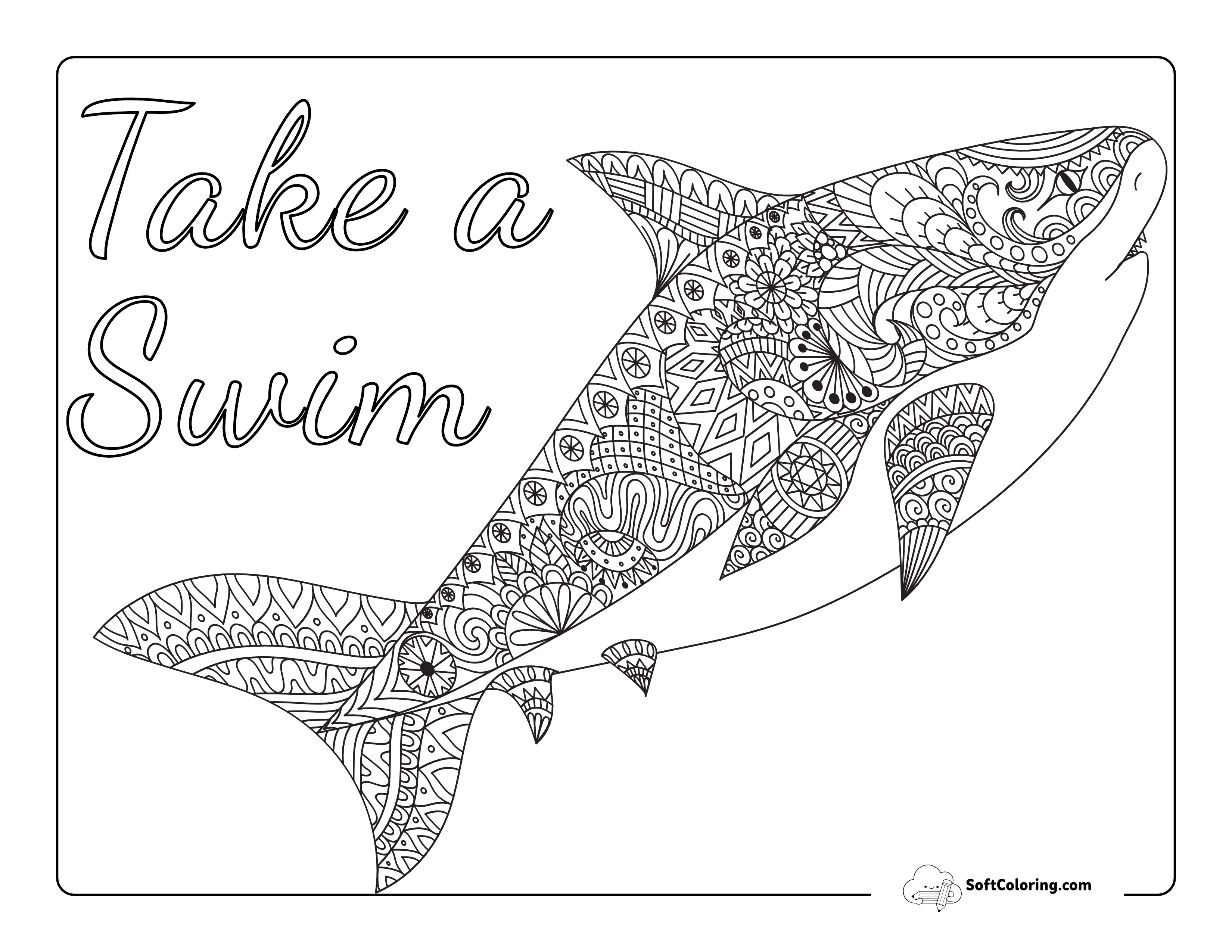 "Take A Swim" Patterned Shark Printable Coloring Page For Adults