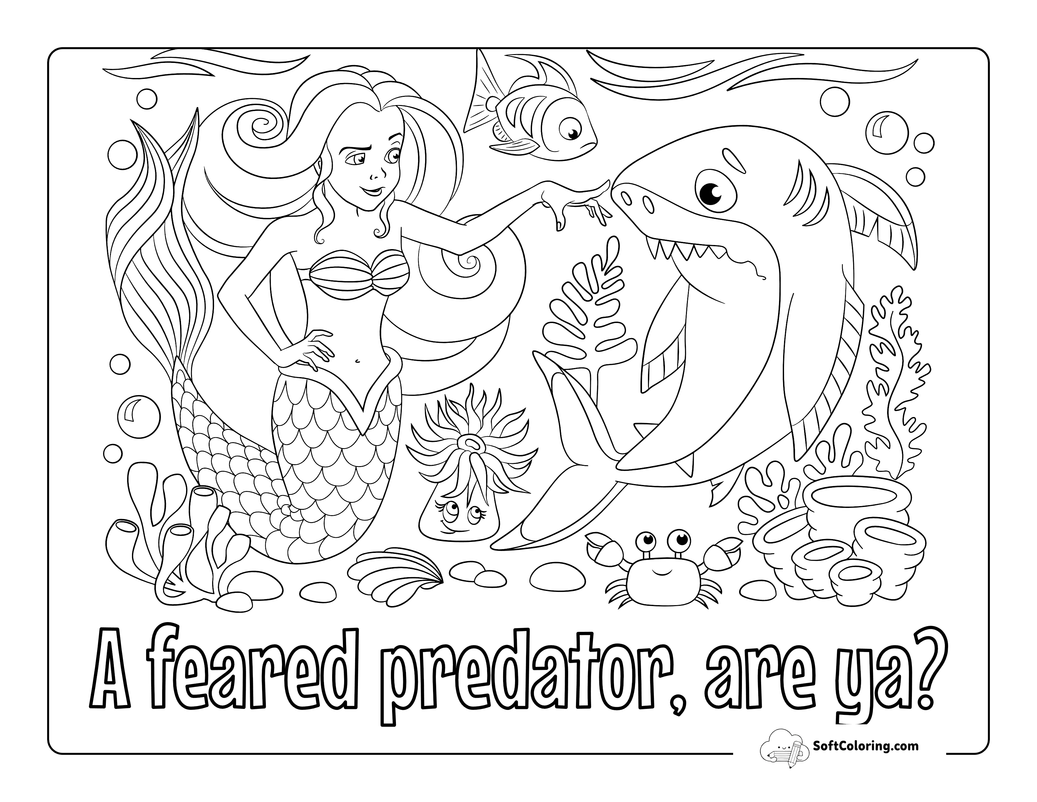 "A Feared Predator?" Shark And Mermaid Coloring Page
