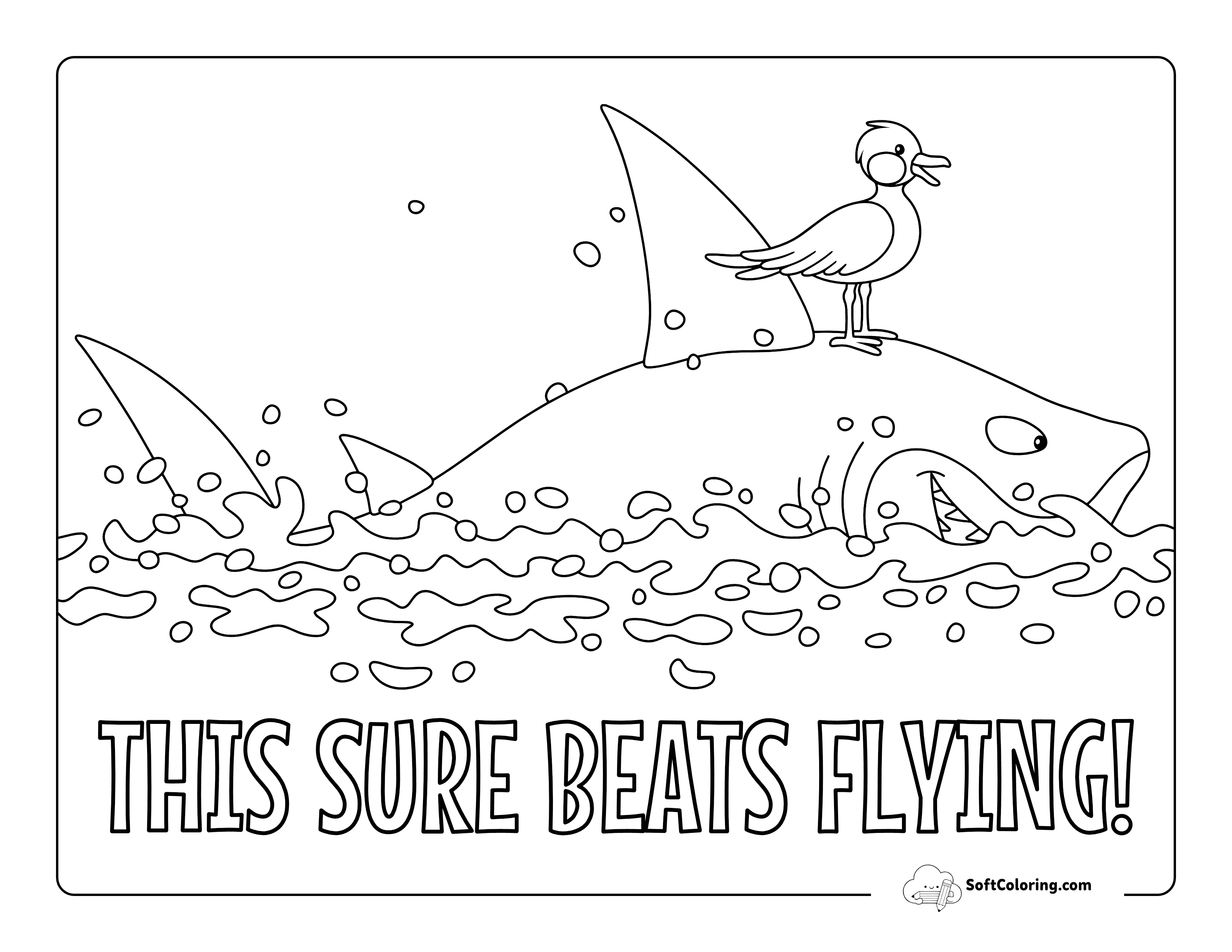 "This Sure Beats Flying" Bird And Shark Coloring Page