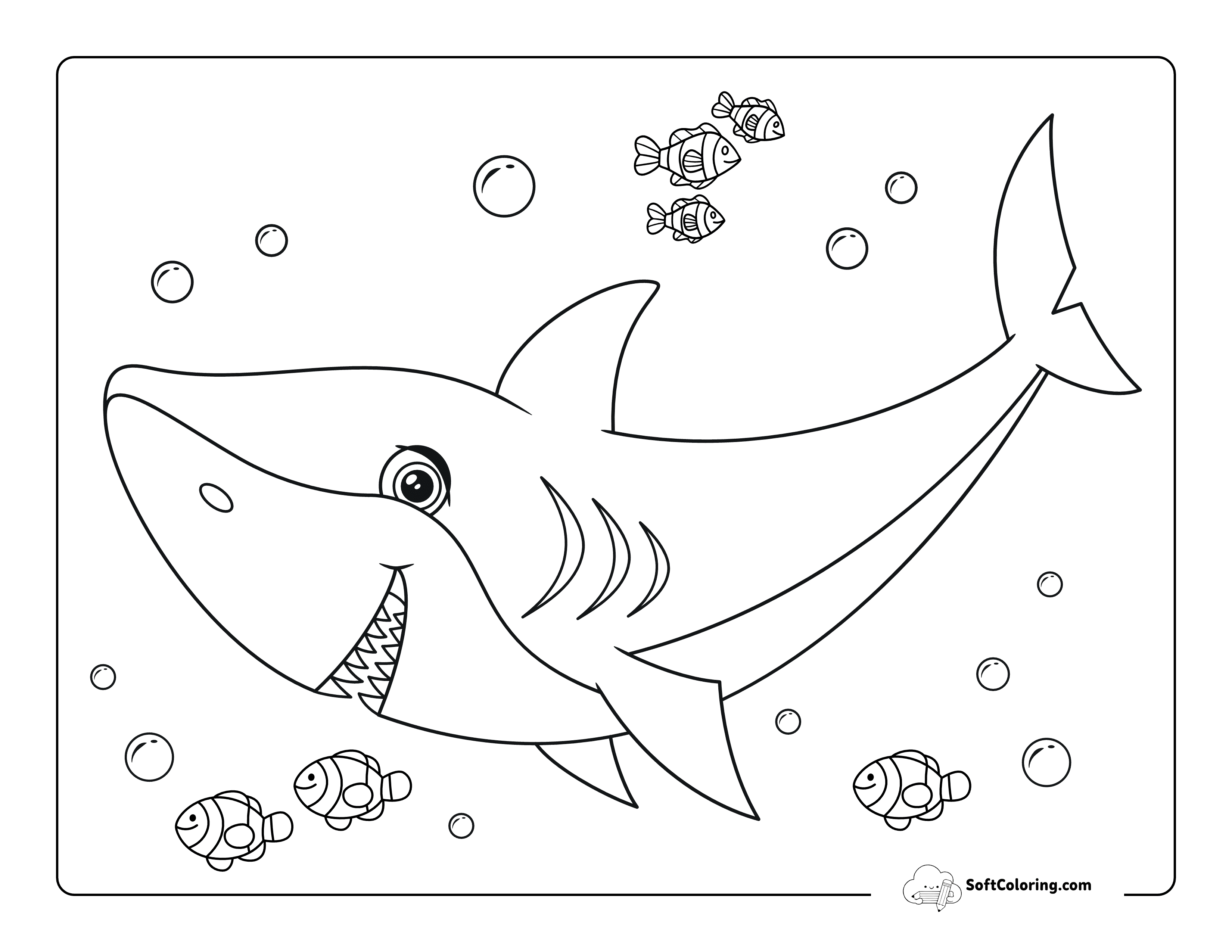 Smiling Cute Shark And Fish Coloring Sheet