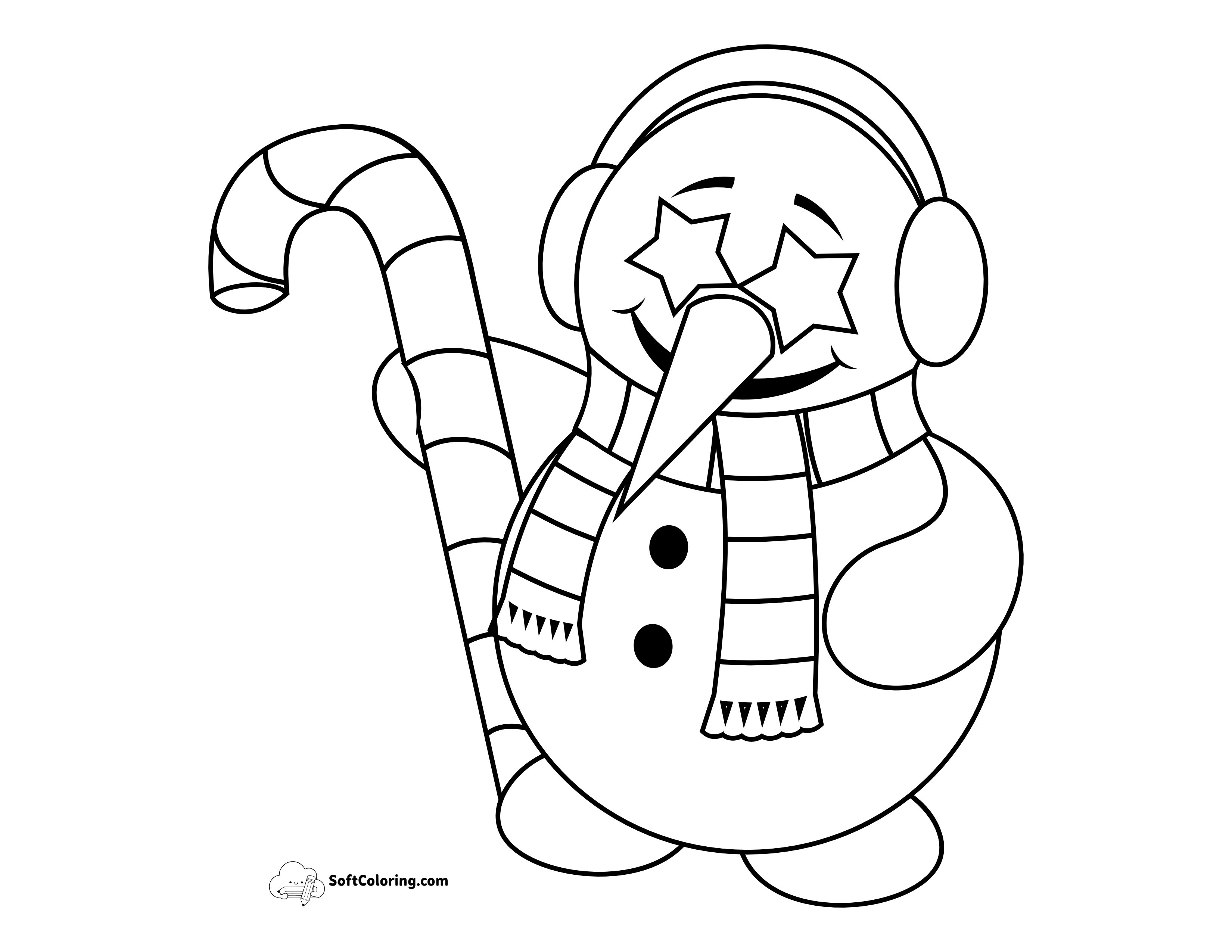 Starry-Eyed Snowman With Candy Cane To Color