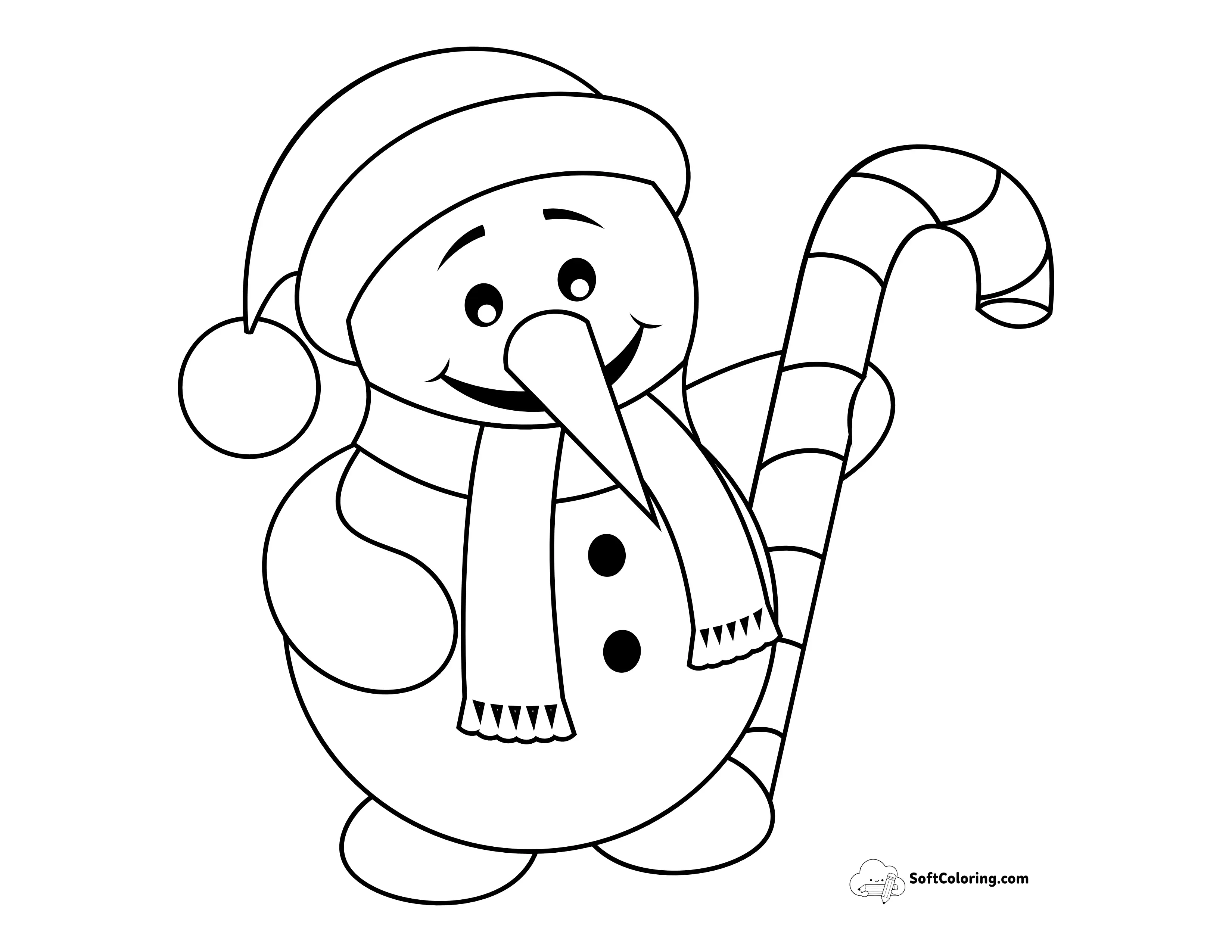Snowman With Candy Cane For Kids To Color