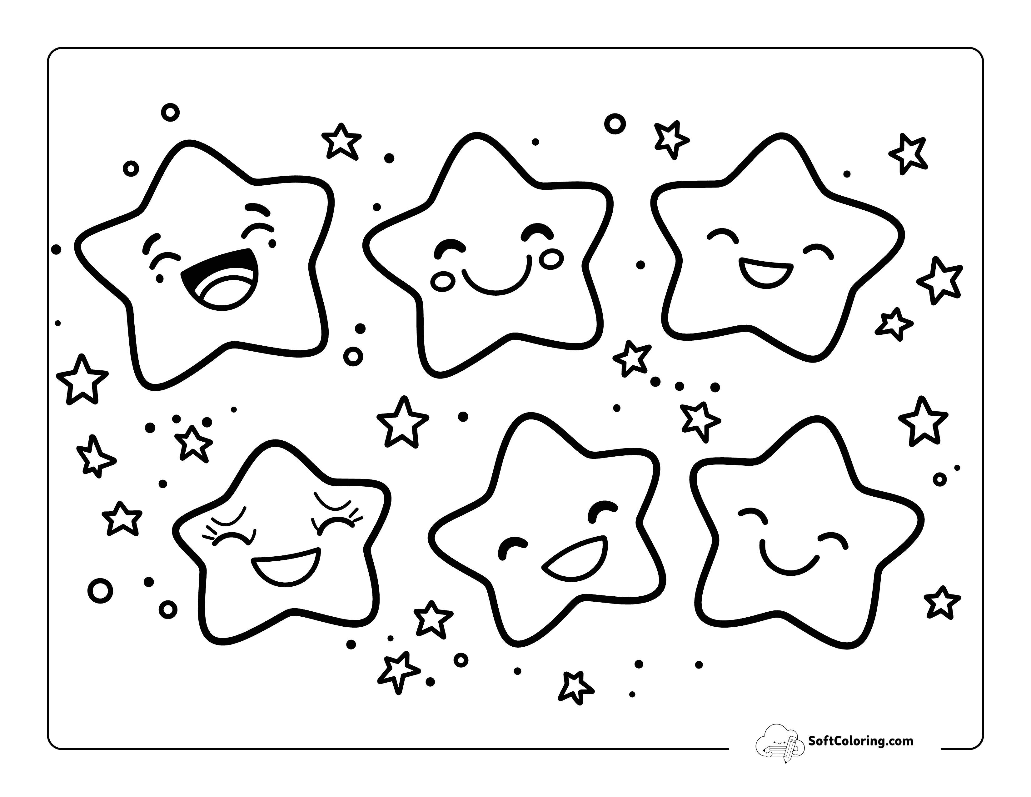 Kawaii Stars In Space Coloring Sheet For Preschoolers