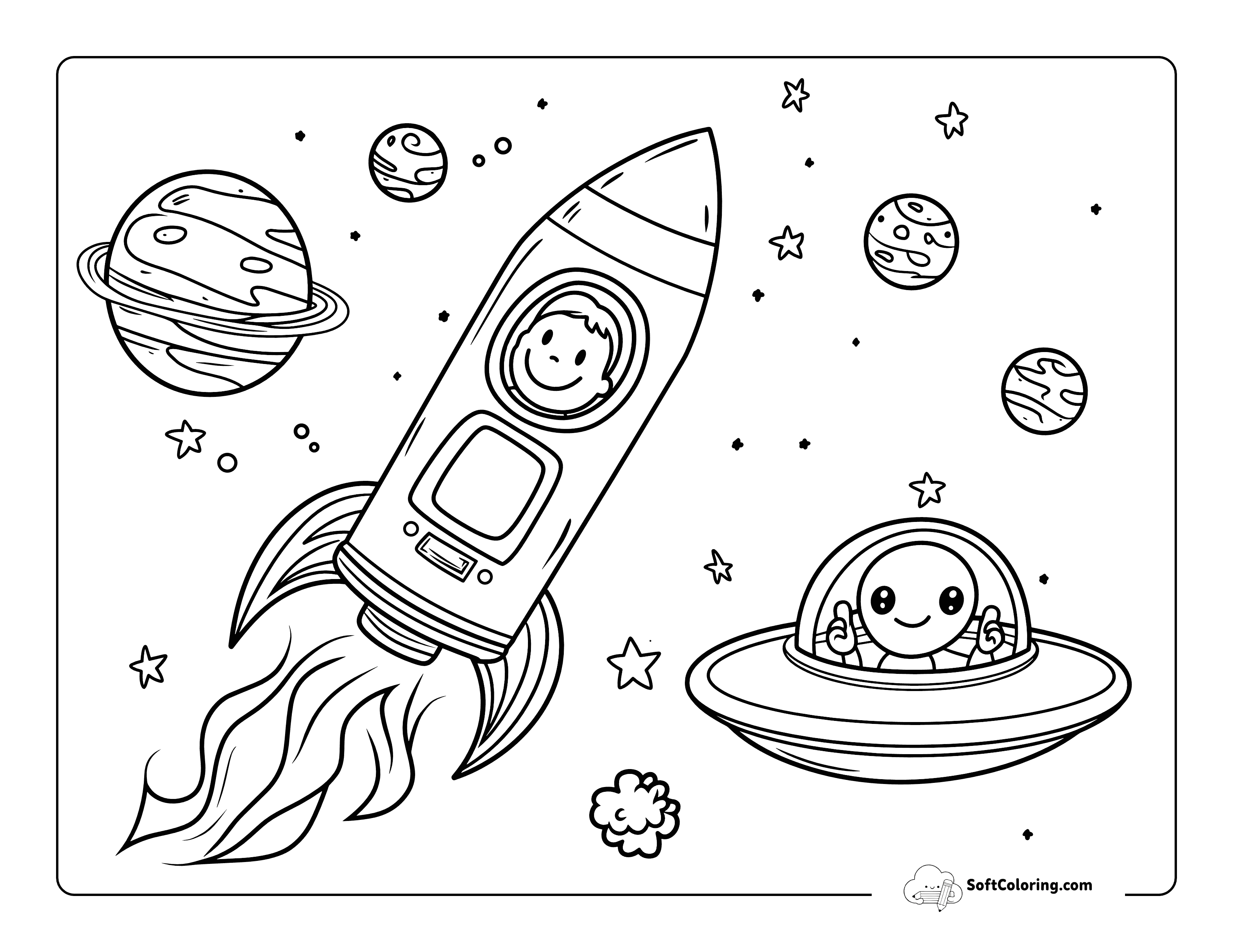 Kid In Rocket And Alien Coloring Sheet Printable