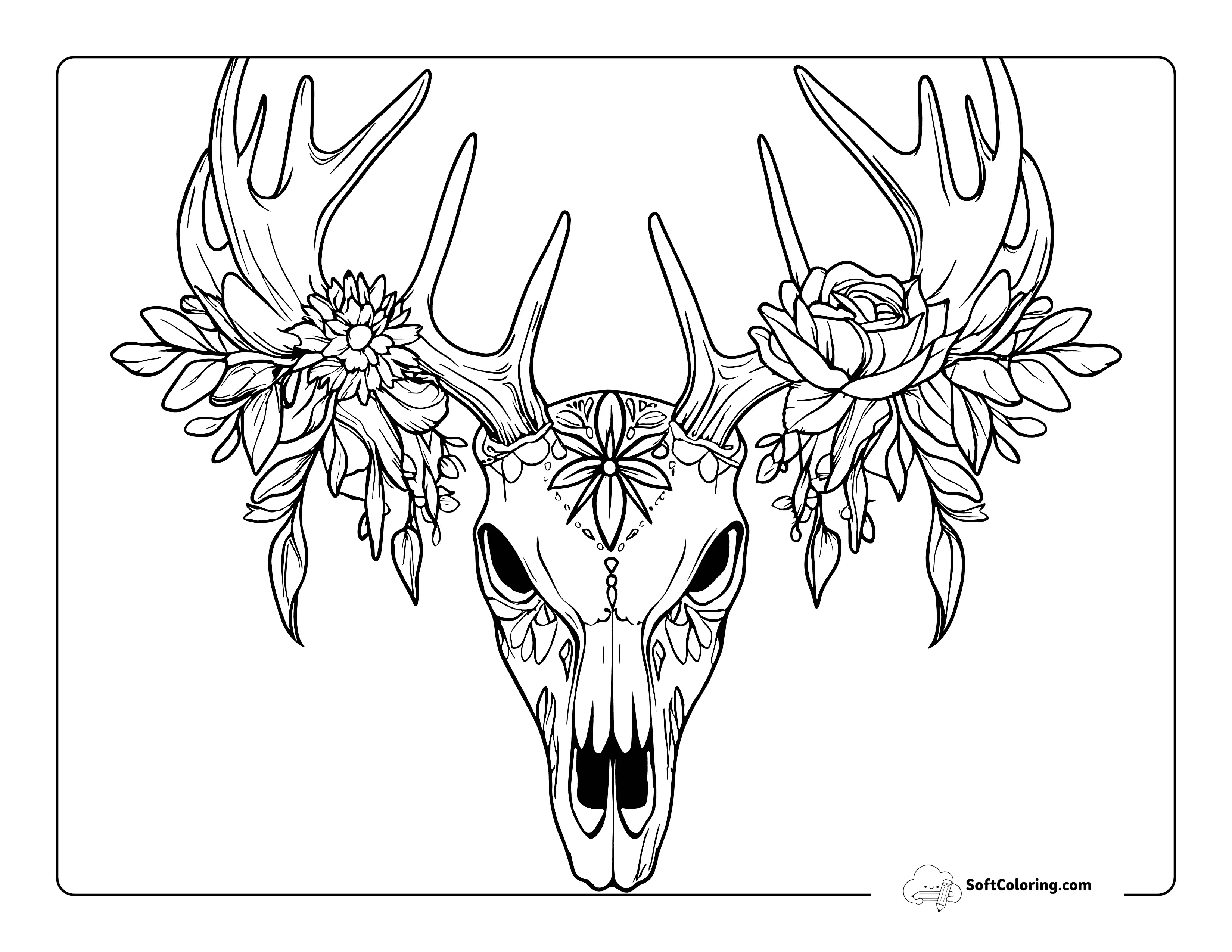 Rustic Deer Skull Flower Coloring Sheet For Adults