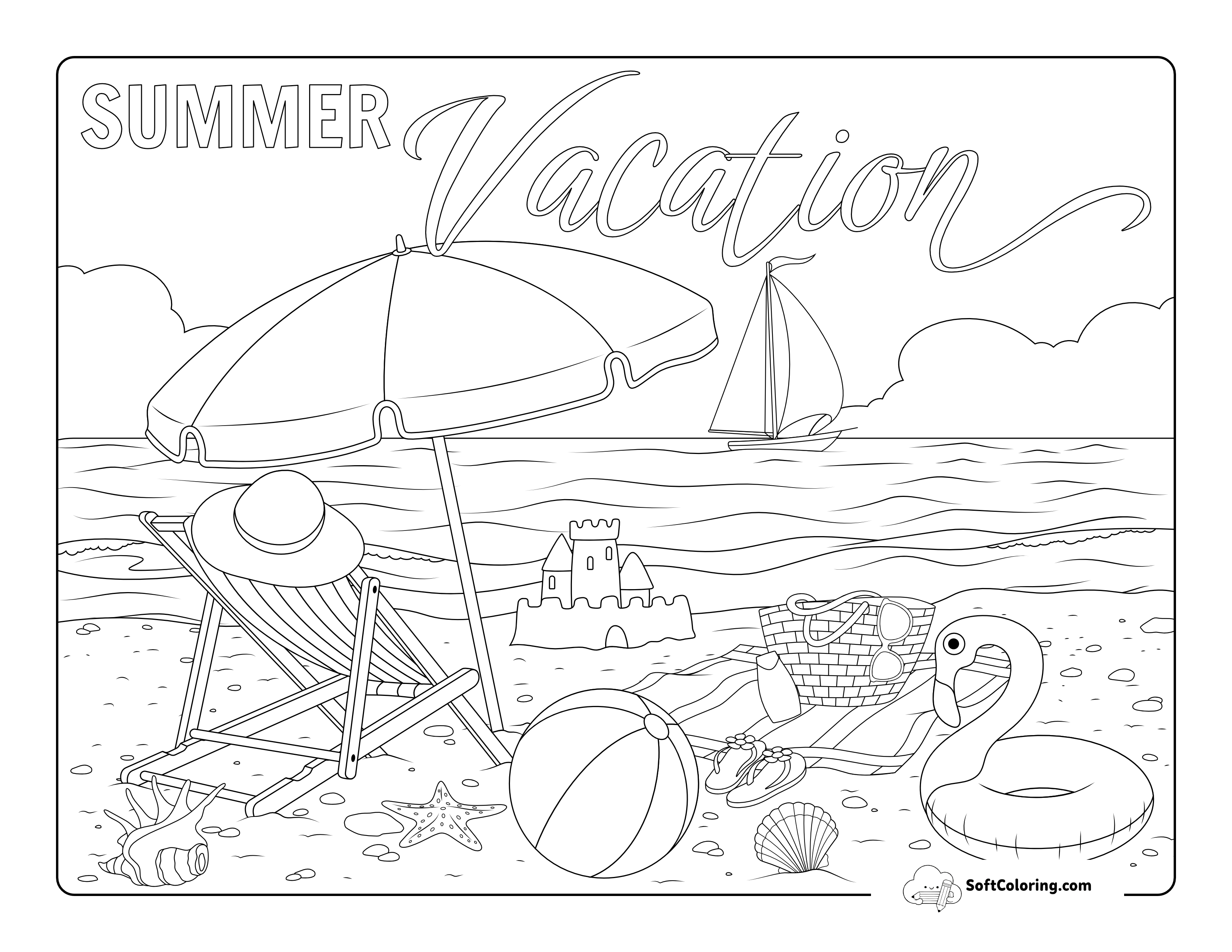 Beach Vacation Preppy Aesthetic Coloring Page