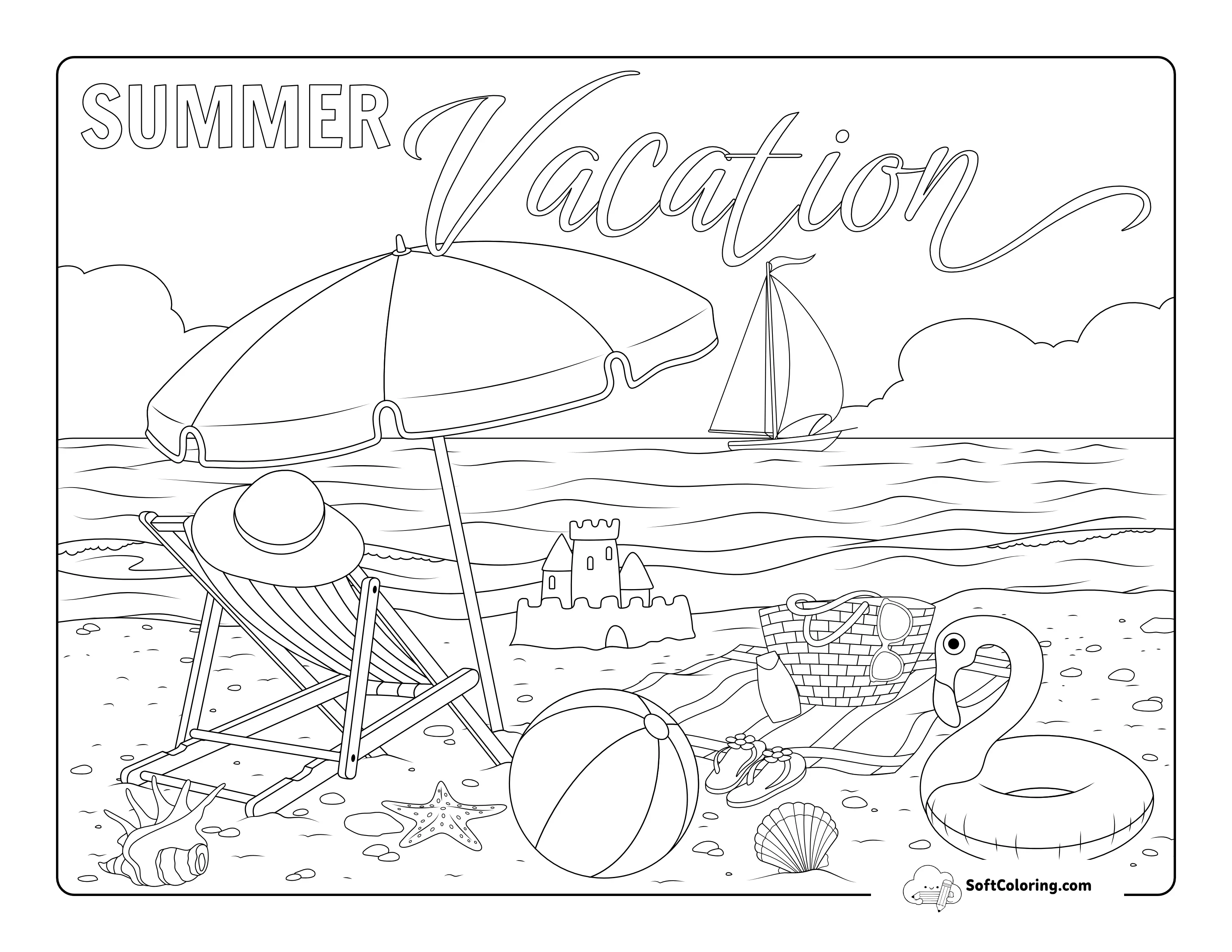 Beach Vacation Preppy Aesthetic Coloring Page