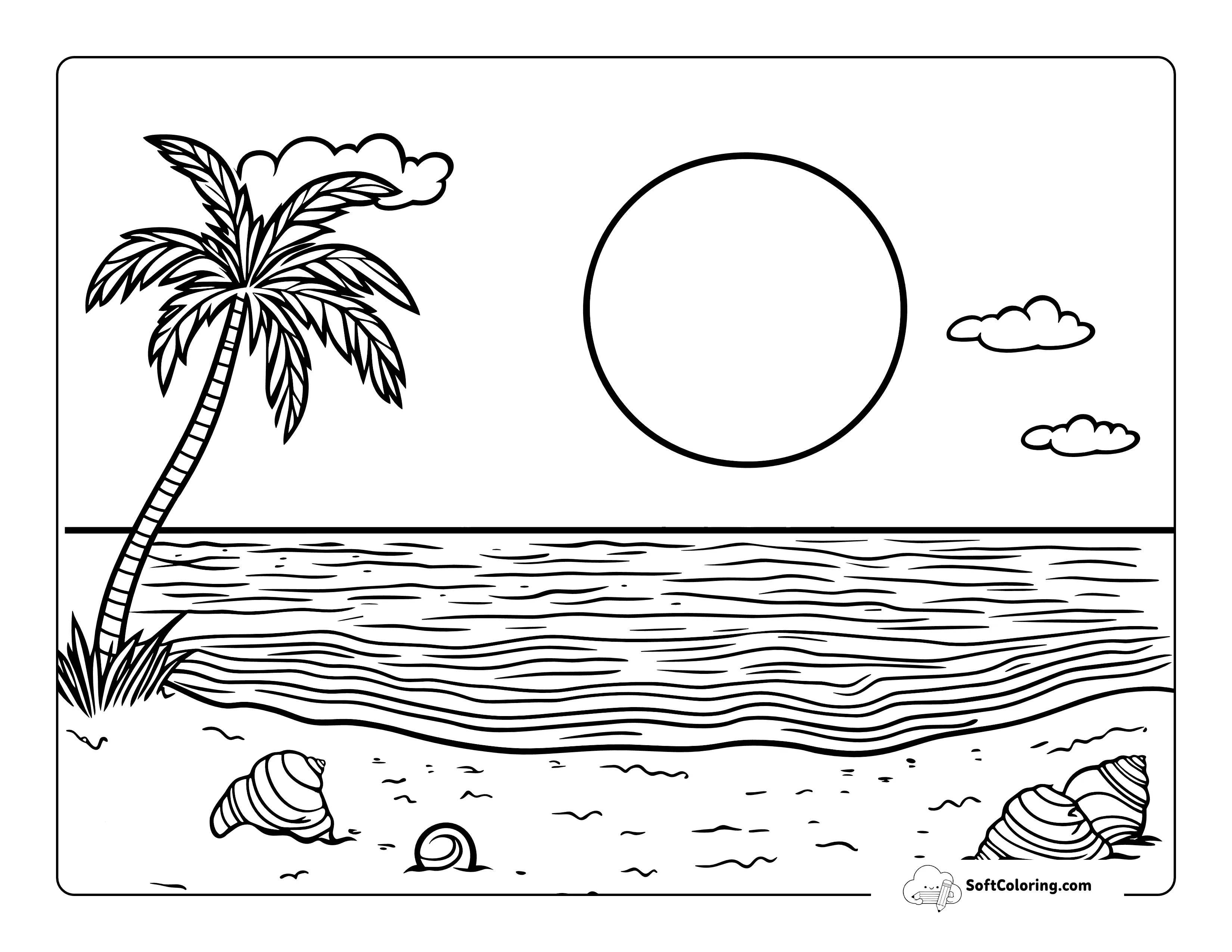 Easy Beach Sunset Coloring Sheet