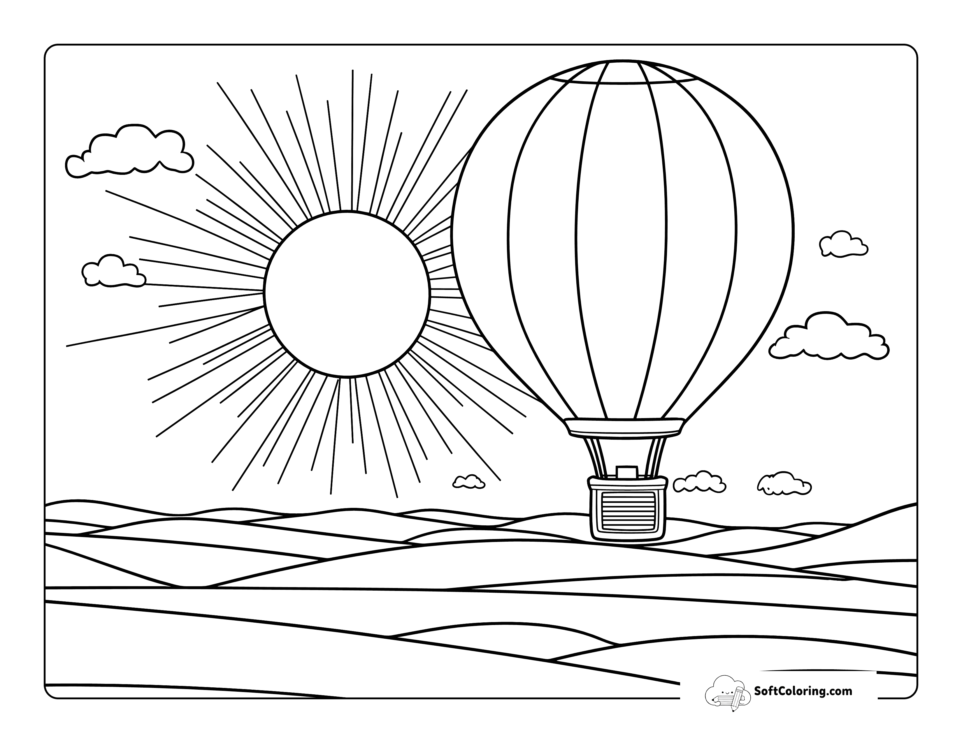 Easy Hot Air Balloon Sunrise Coloring Page