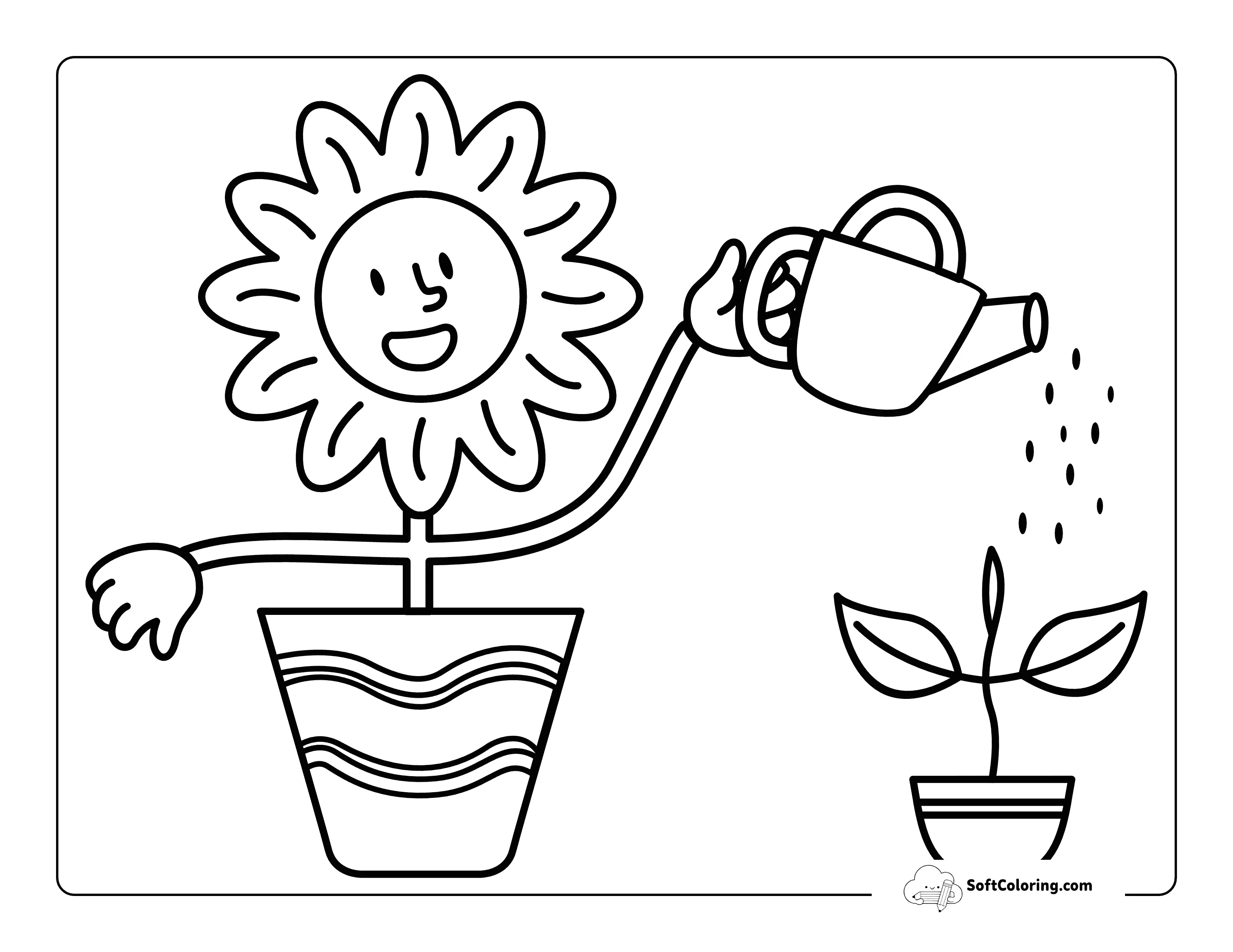 Easy Sunflower Watering Seedling Coloring Sheet For Kids