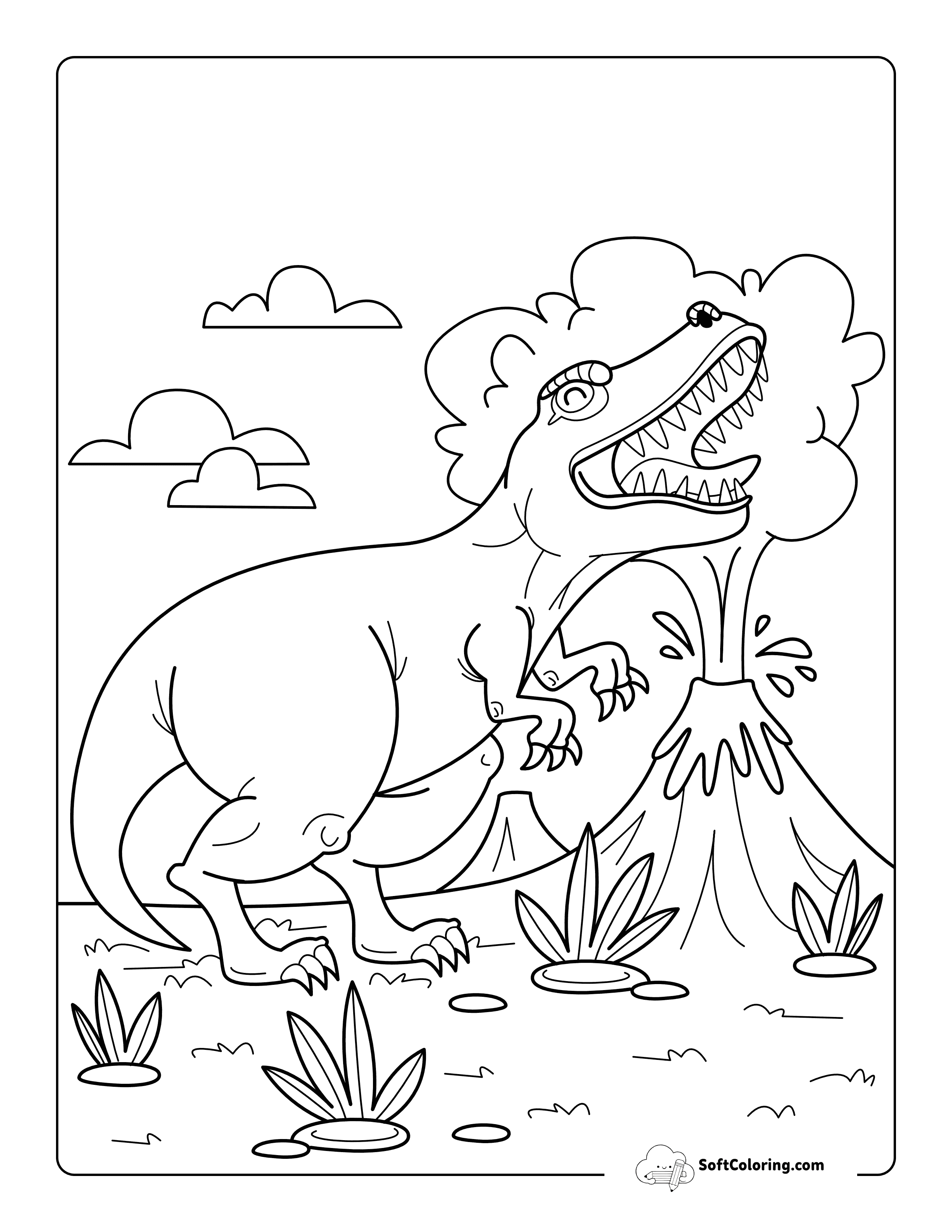 Simple Volcano Explosion And T-Rex Coloring Page