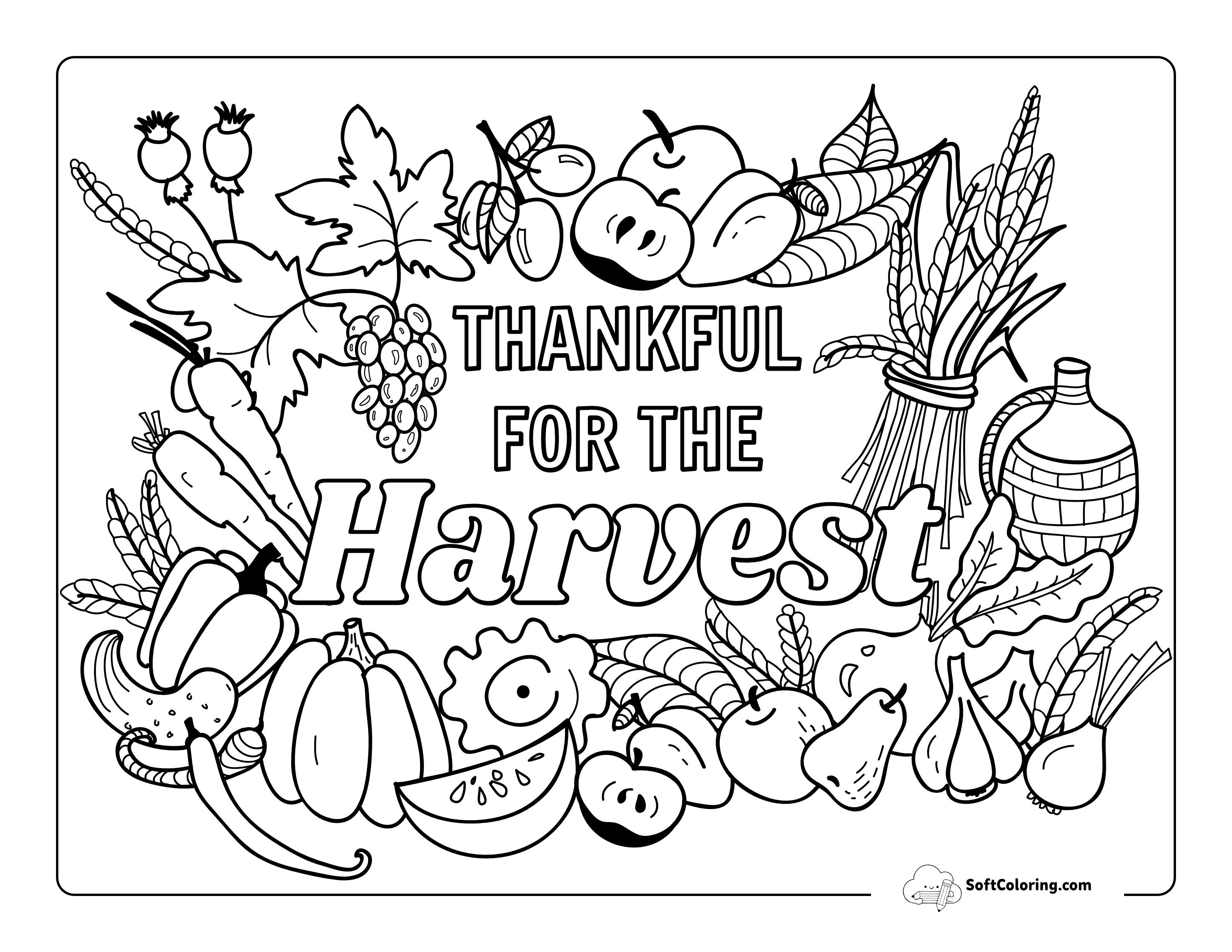 "Thankful For The Harvest" Coloring Page