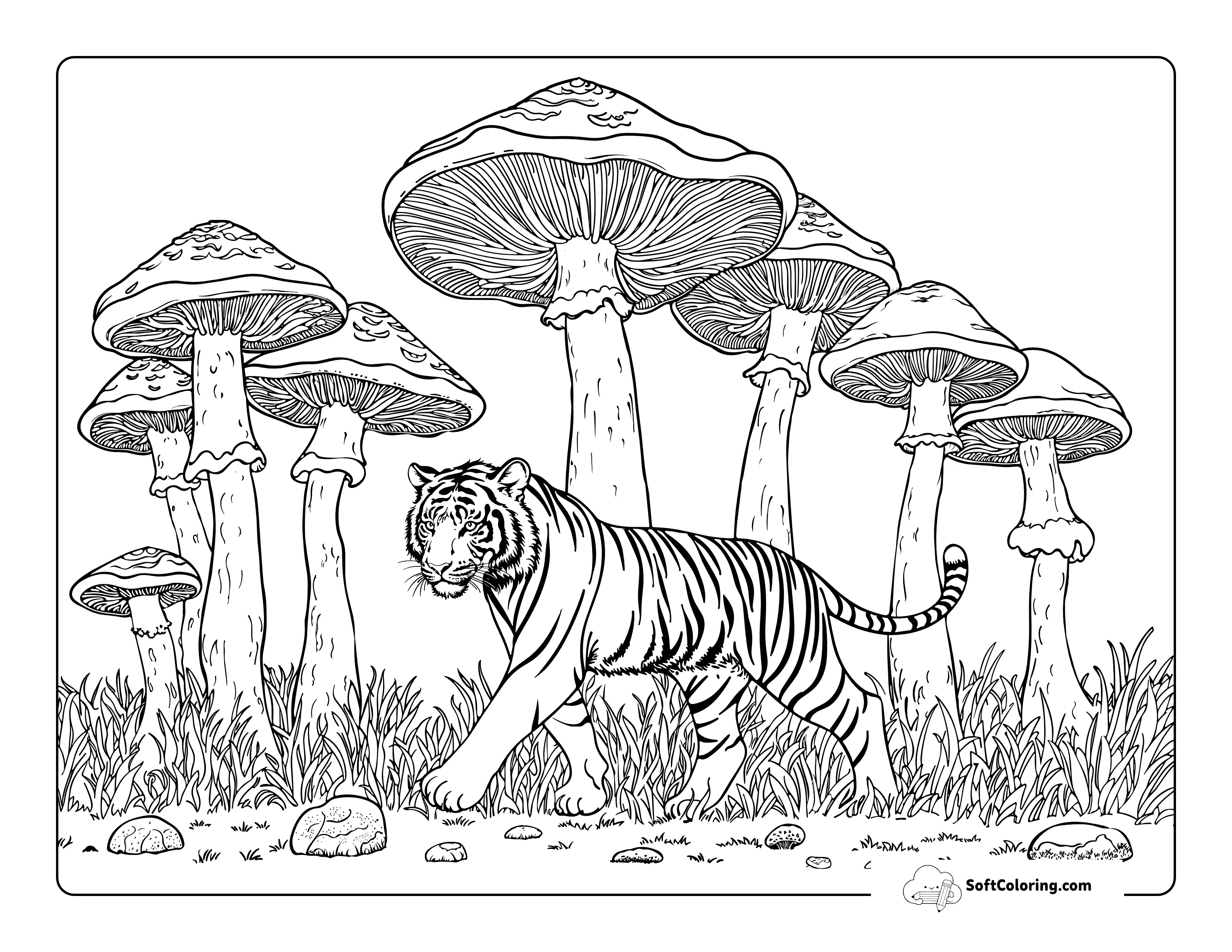 Whimsical Realistic Giant Mushroom Forest Printable Tiger Coloring Page