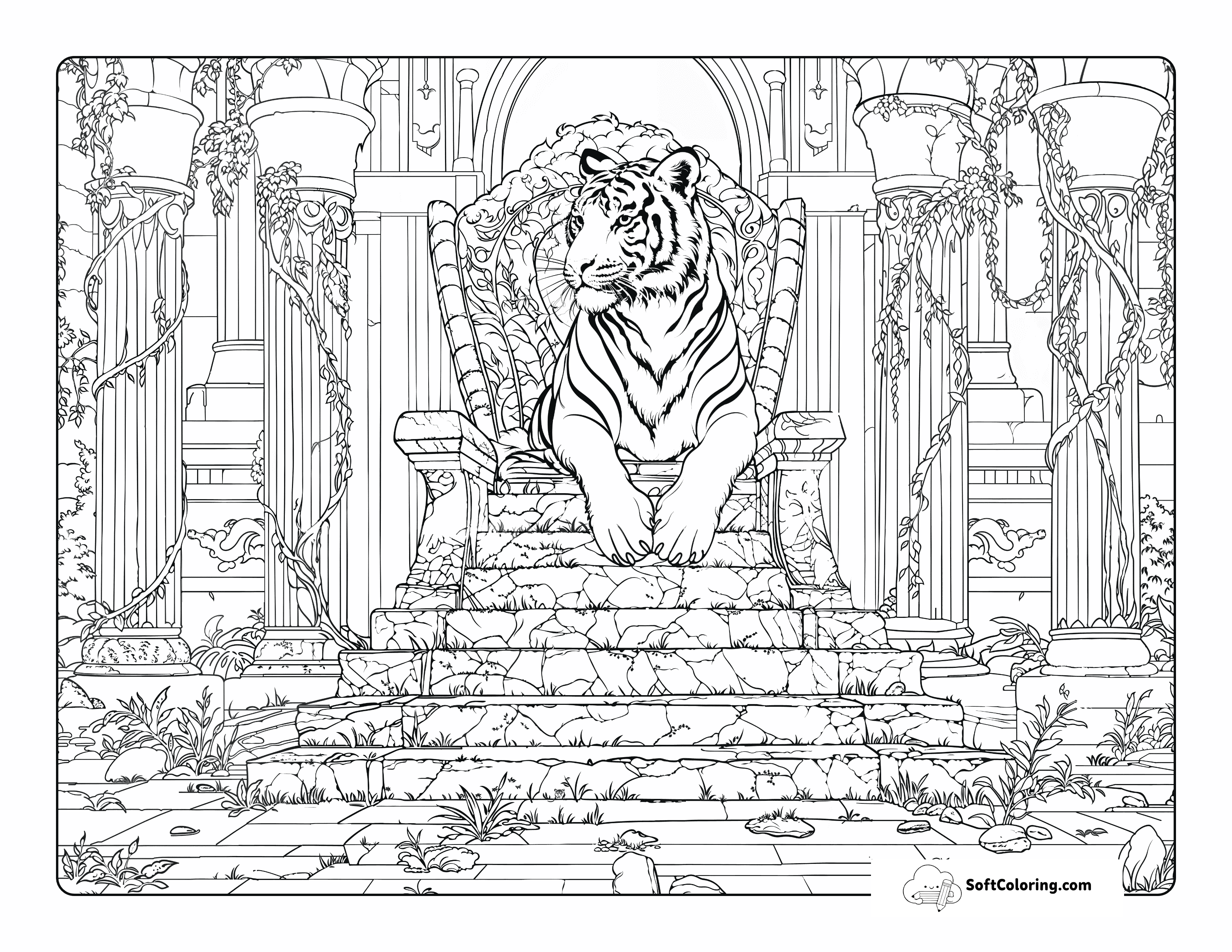 Realistic Tiger On Ornate Throne Coloring Sheet For Adults