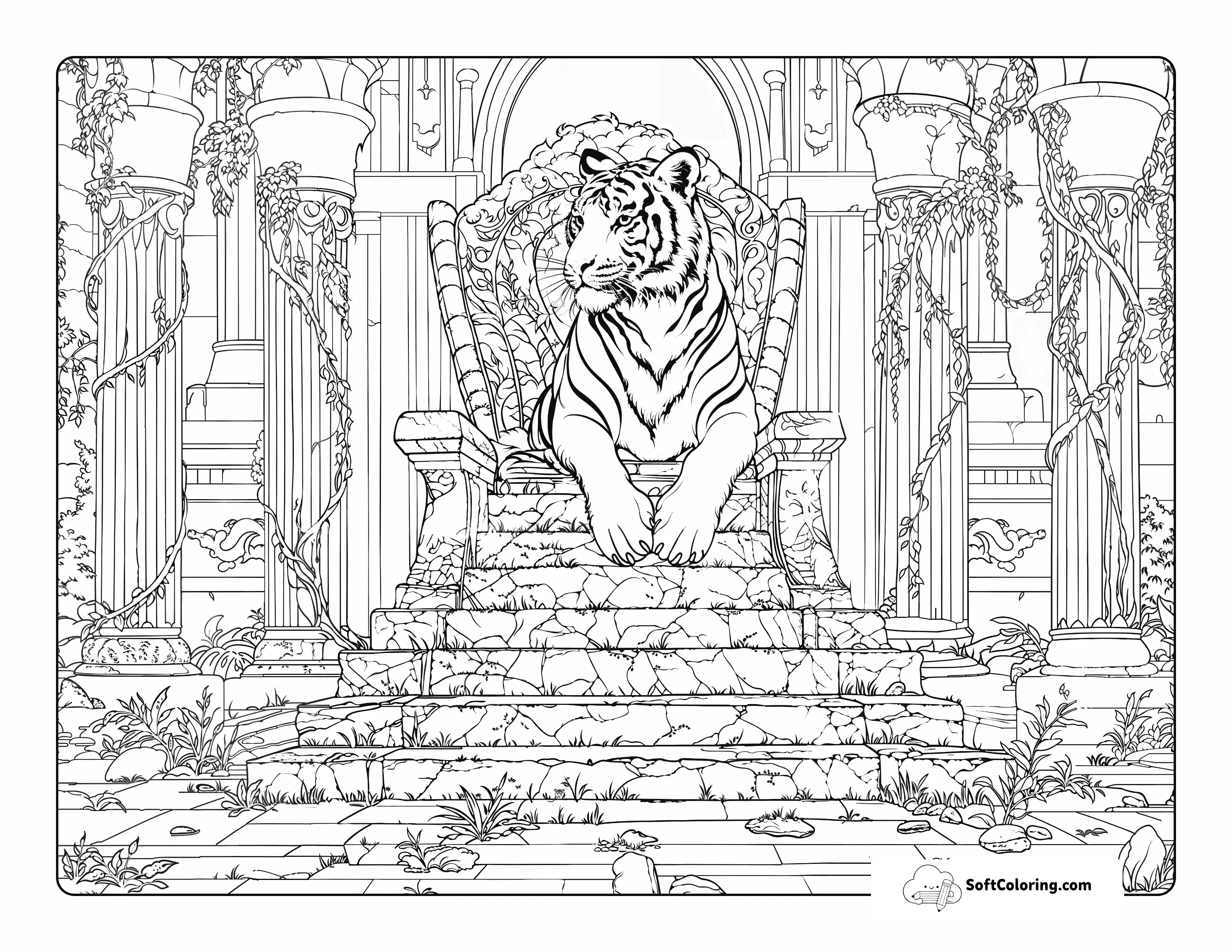 Realistic Tiger On Ornate Throne Coloring Sheet For Adults