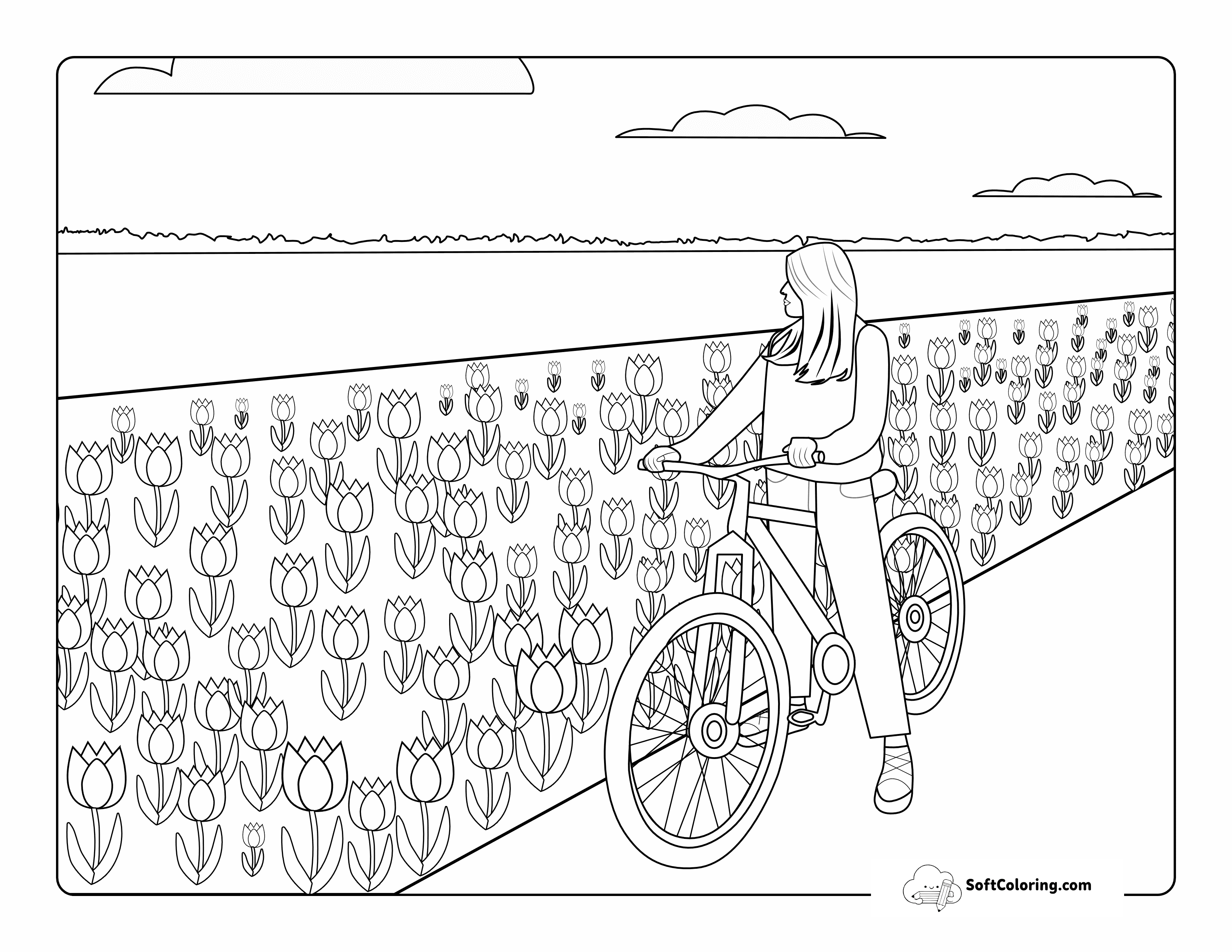 Biking Past Garden Of Tulips Coloring Sheet