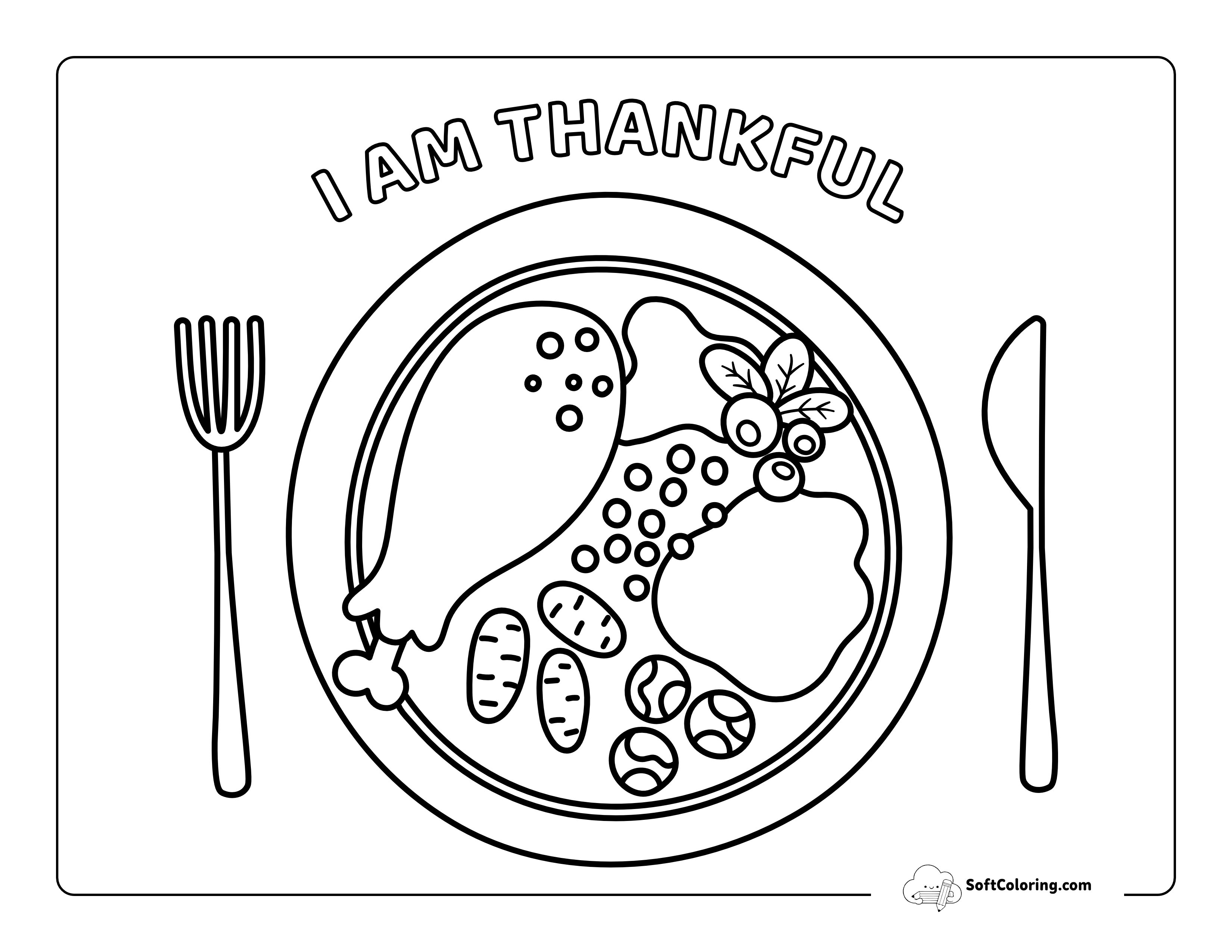 "I Am Thankful" Turkey Dinner Coloring Page