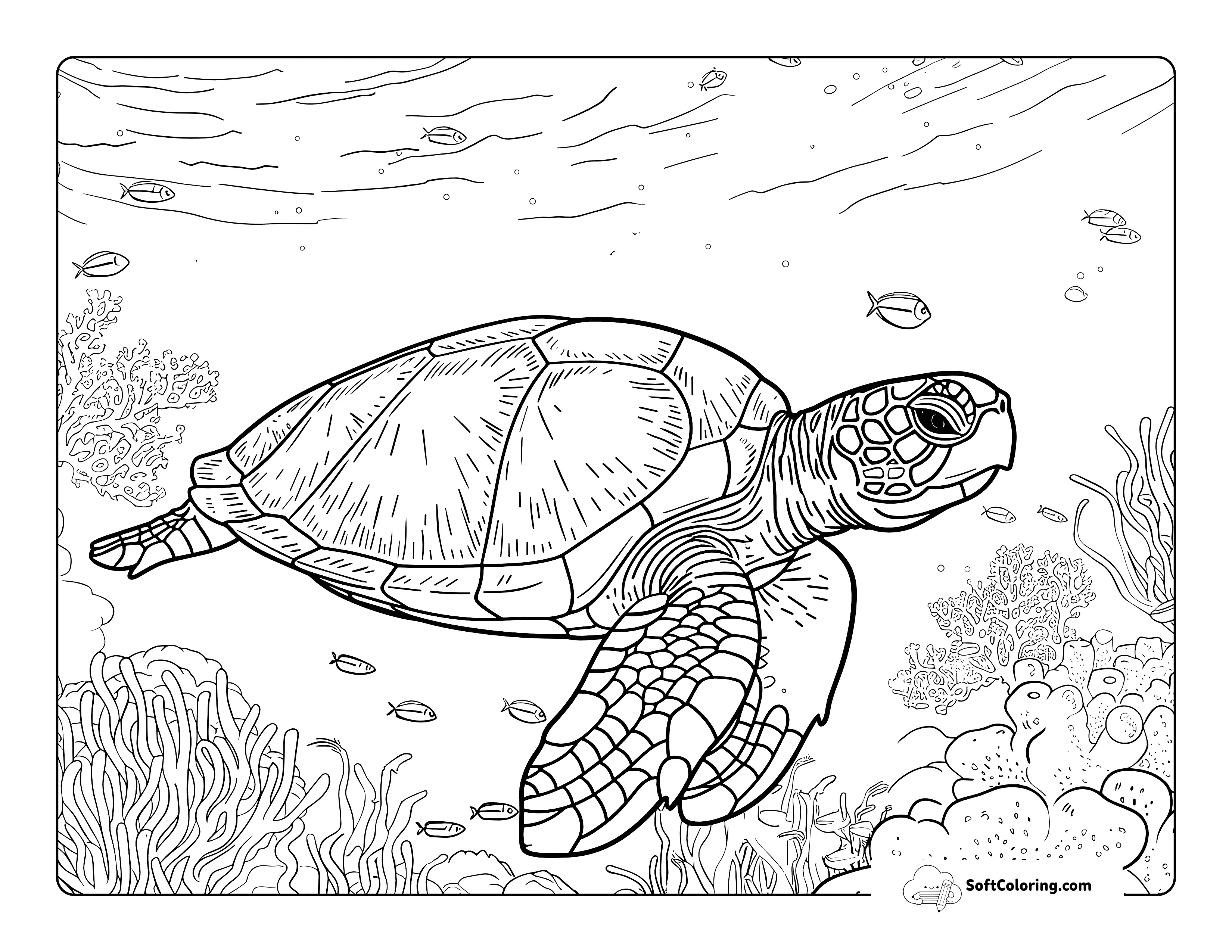 Realistic Sea Turtle Coloring Page In Ocean